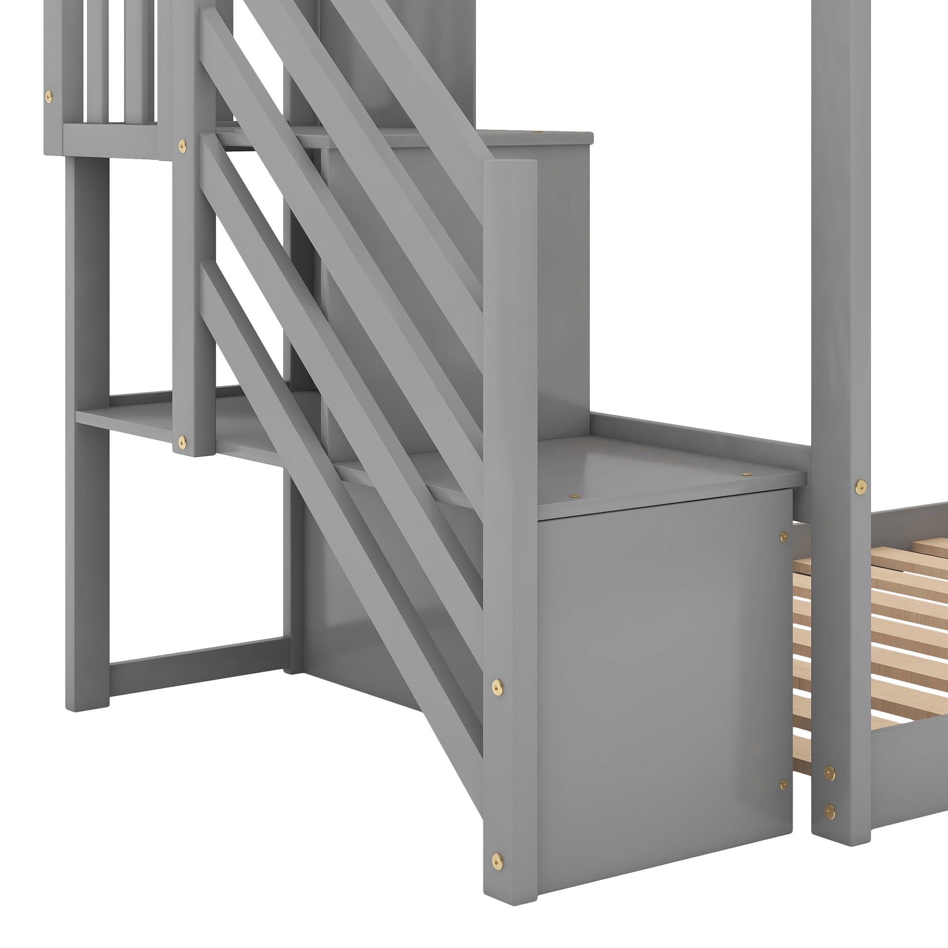 Gray wooden bunk bed stairs with storage drawer