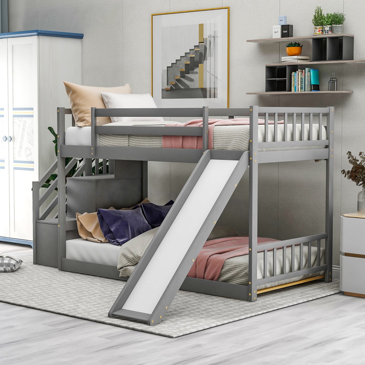 Gray wooden bunk bed with slide and stairs