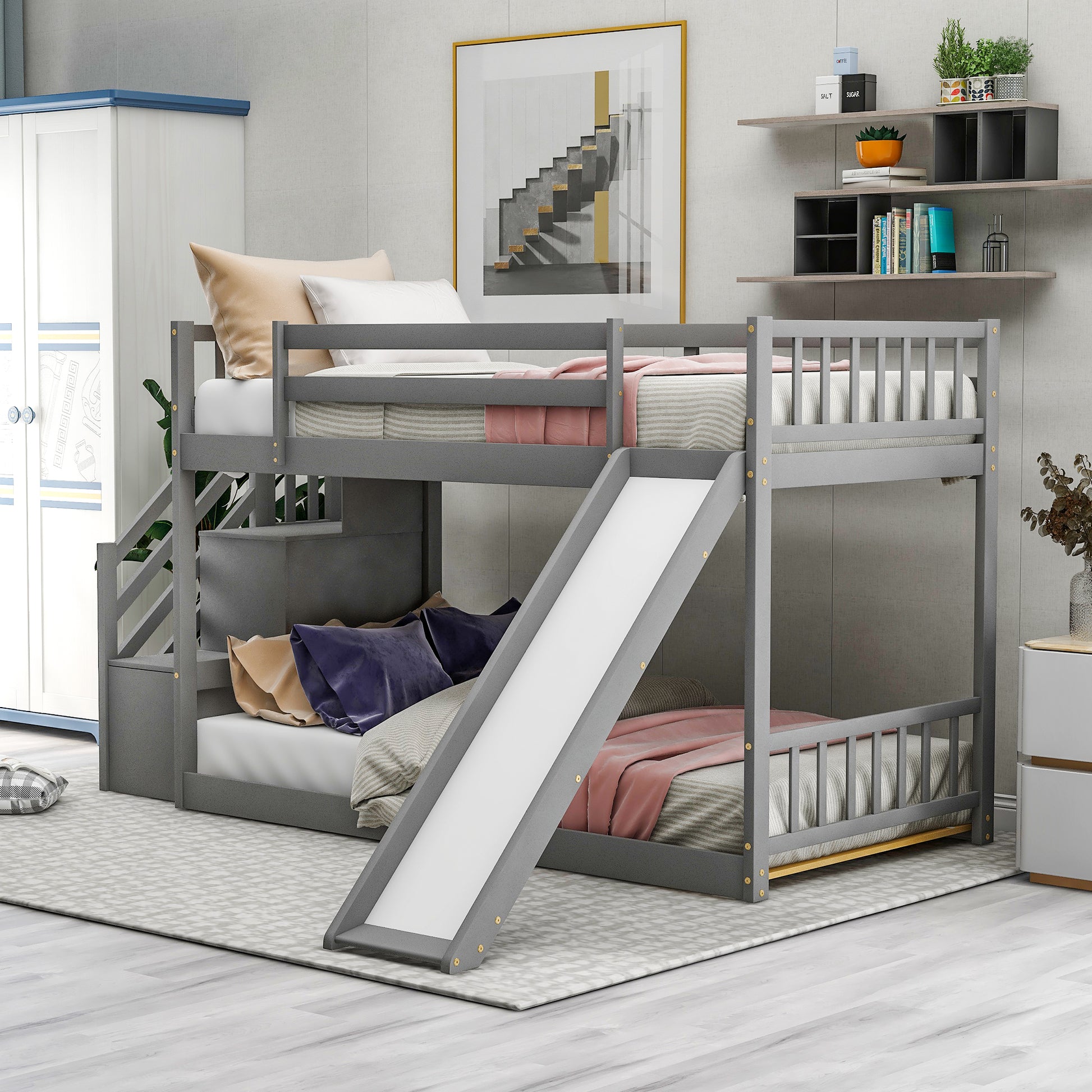 Gray wooden bunk bed with slide and stairs