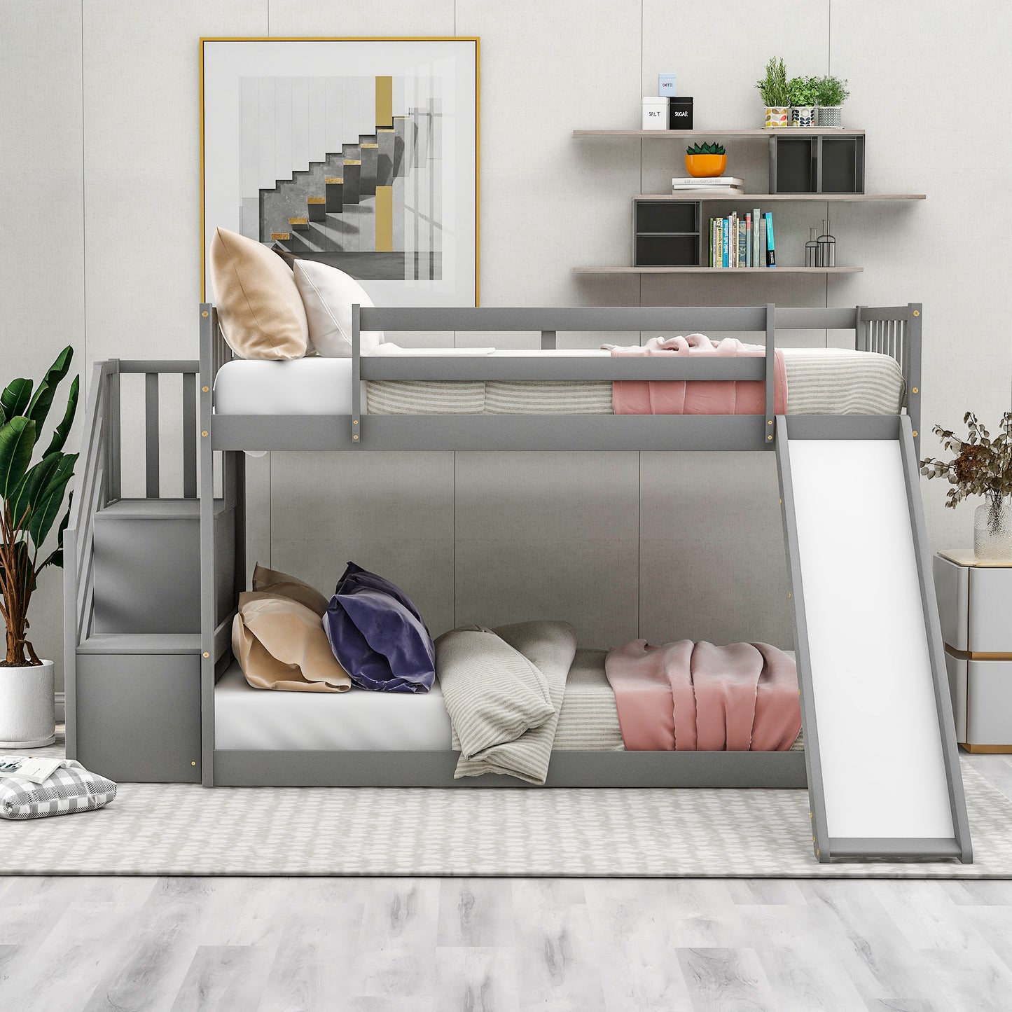 Grey twin over twin bunk bed with slide and stairs for kids