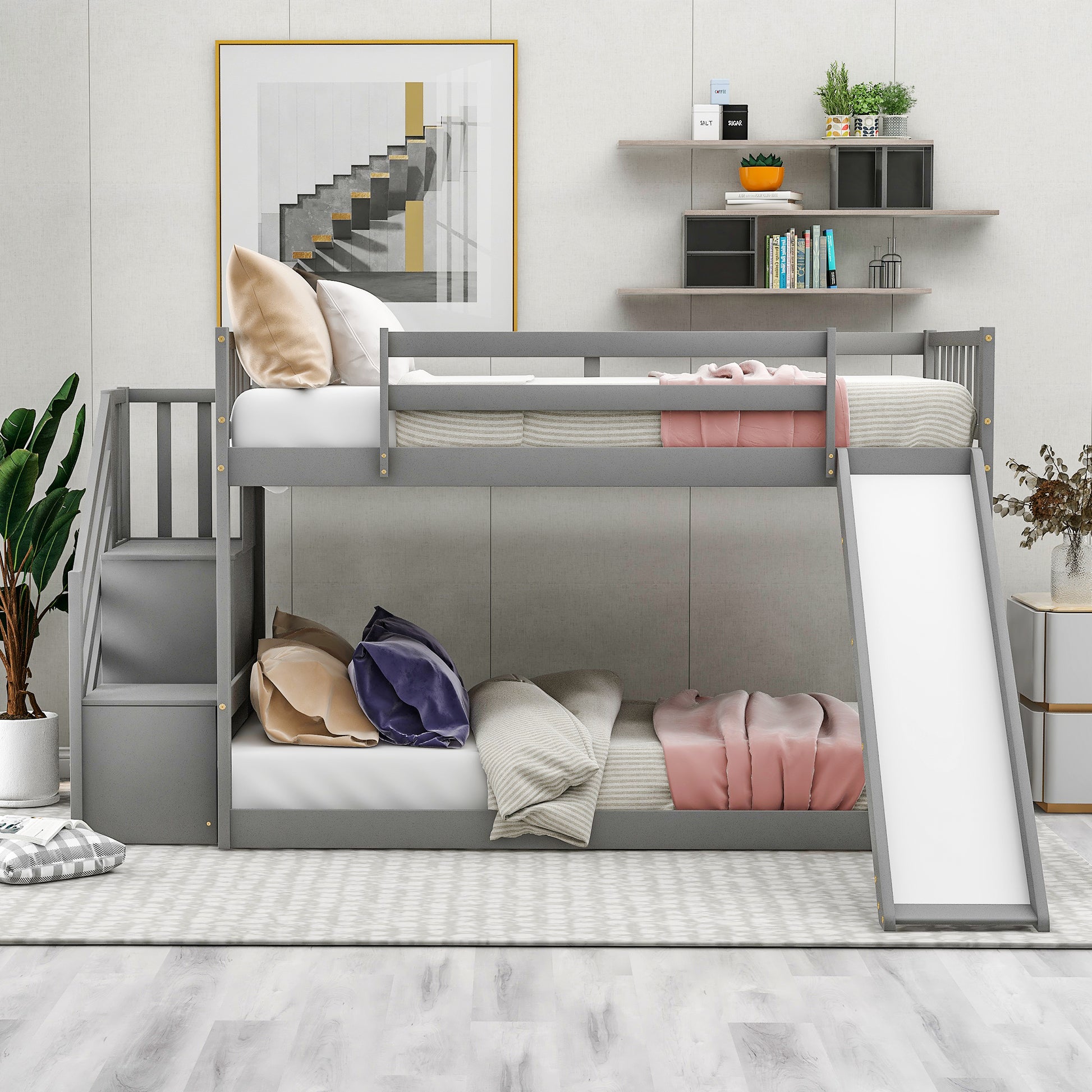 Grey twin over twin bunk bed with slide and stairs for kids