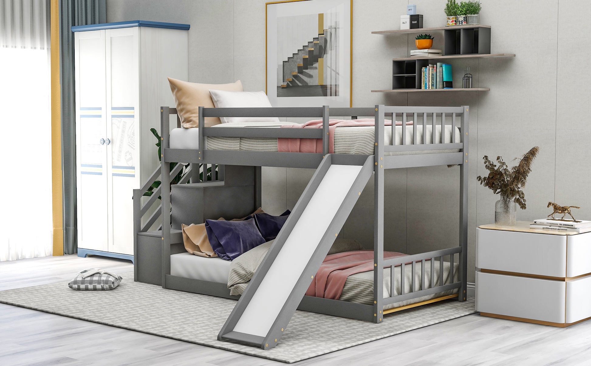 Gray wooden bunk bed with white slide and stairs