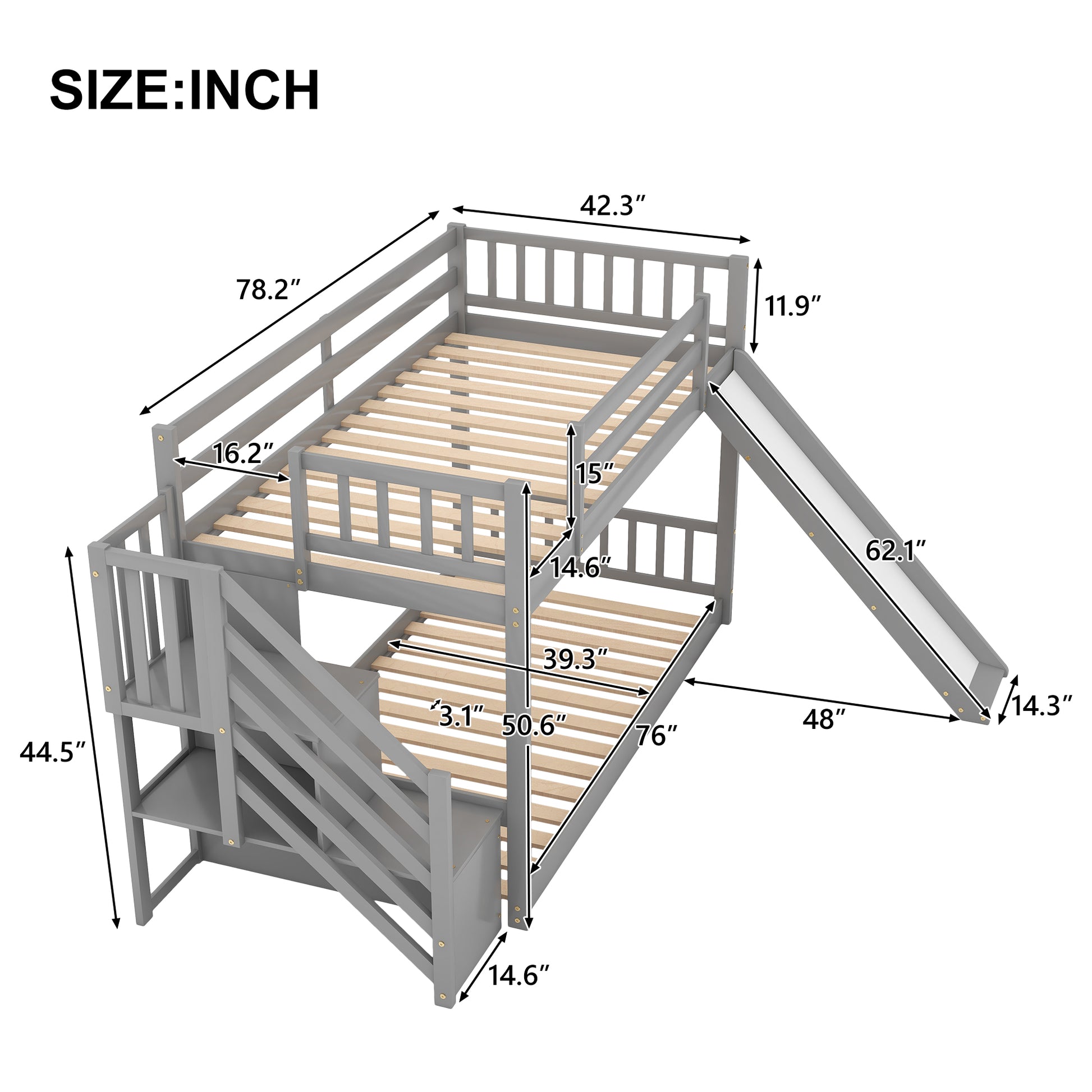 Gray wooden bunk bed with slide and stairs