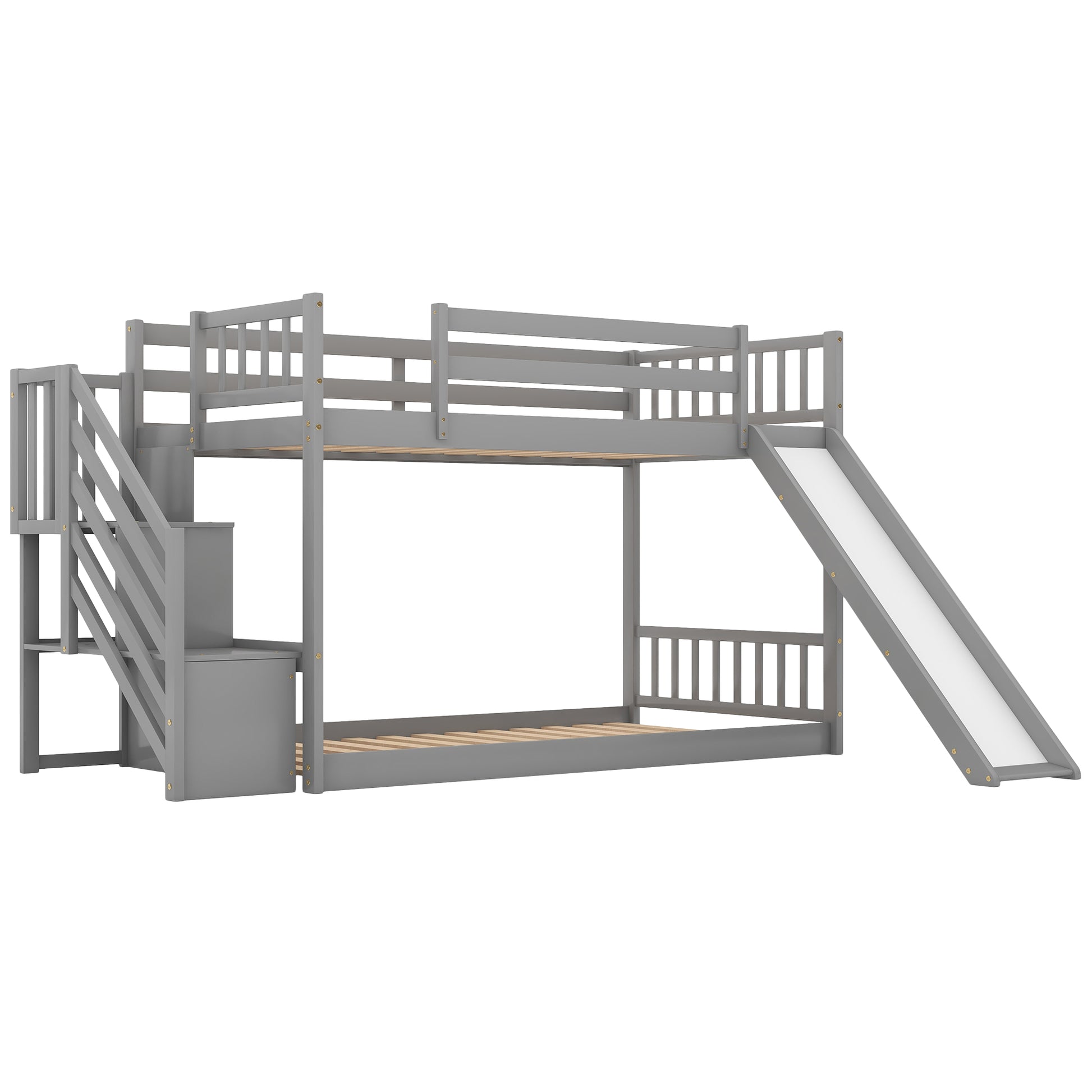 Gray wooden bunk bed with stairs and slide