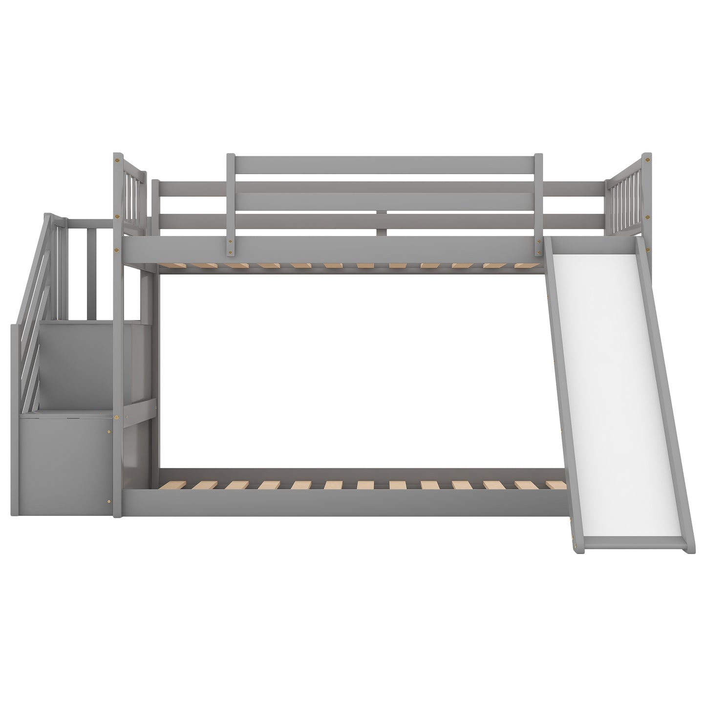 Gray wooden bunk bed with slide and stairs