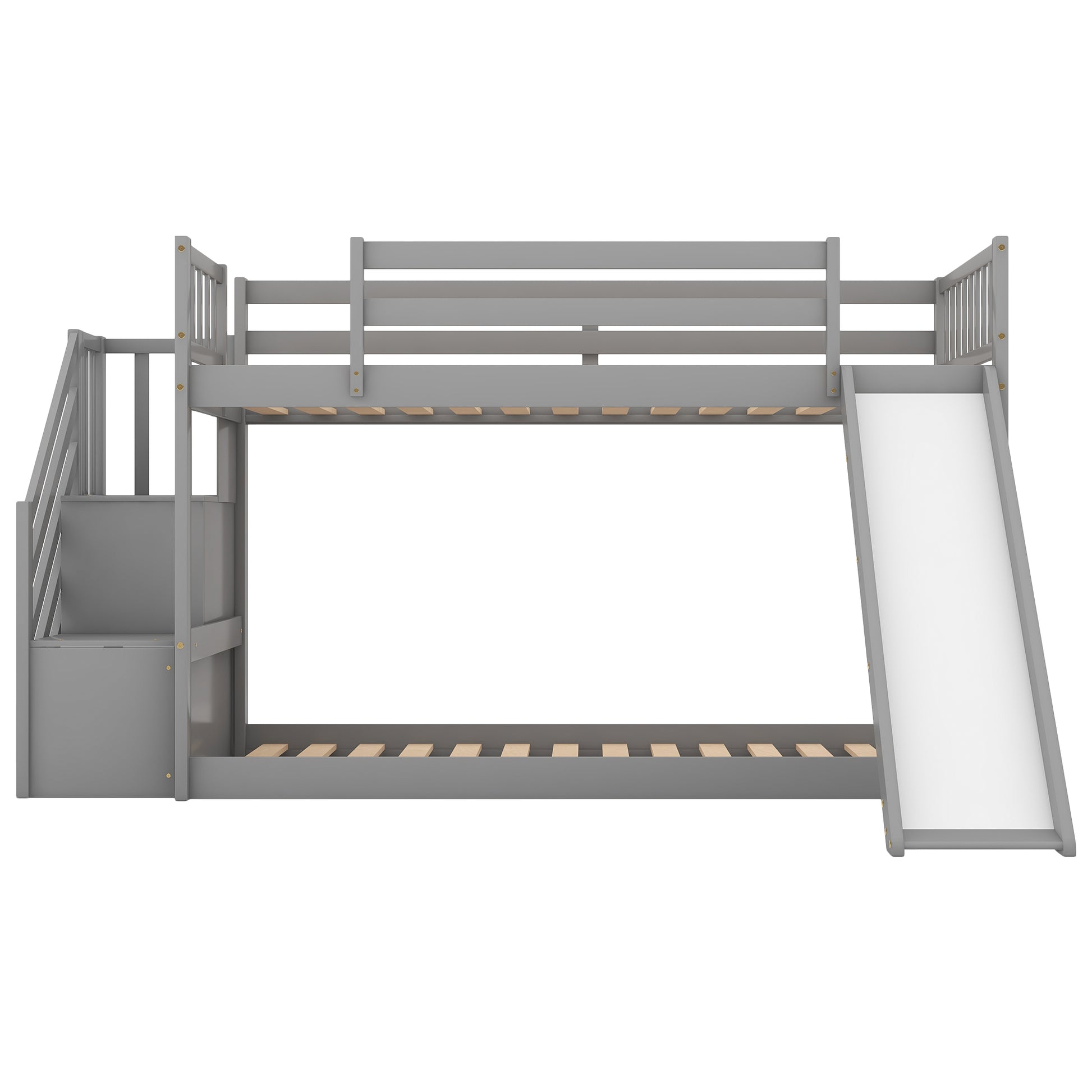 Gray wooden bunk bed with slide and stairs