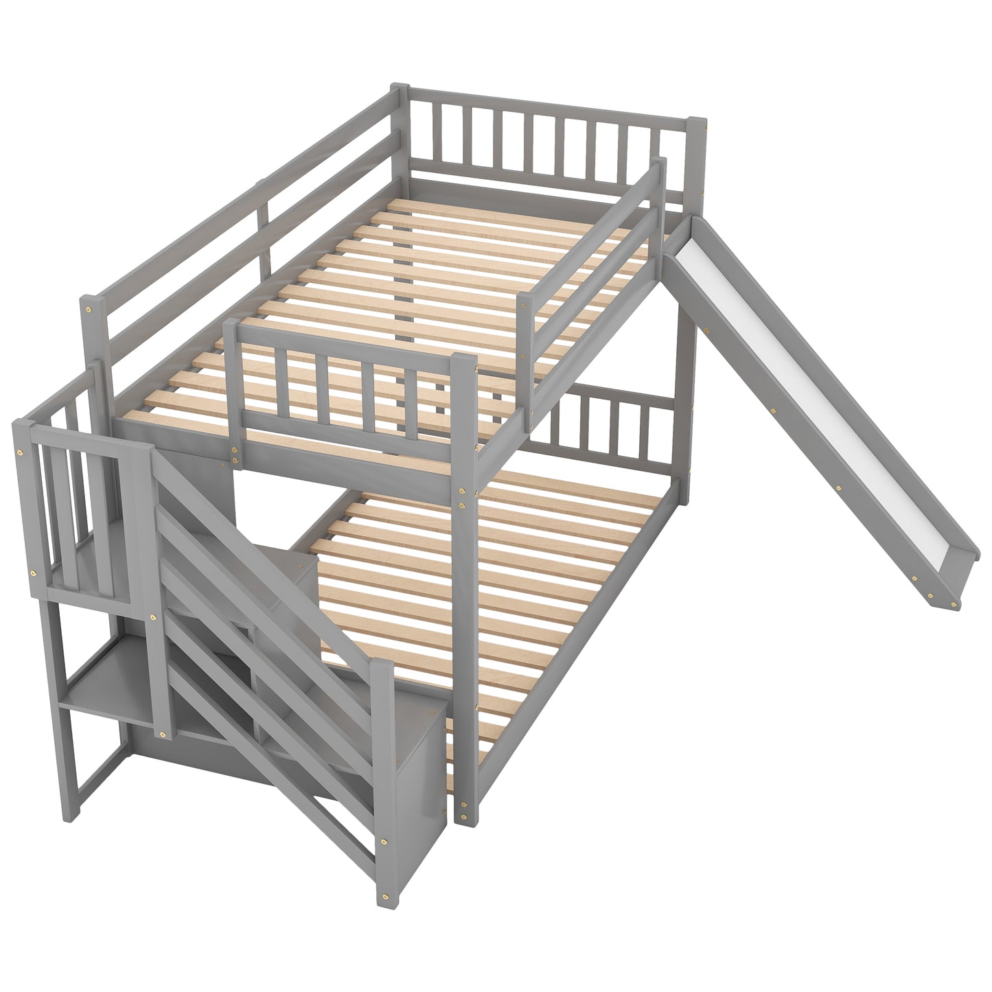 Gray wooden bunk bed with slide and stairs