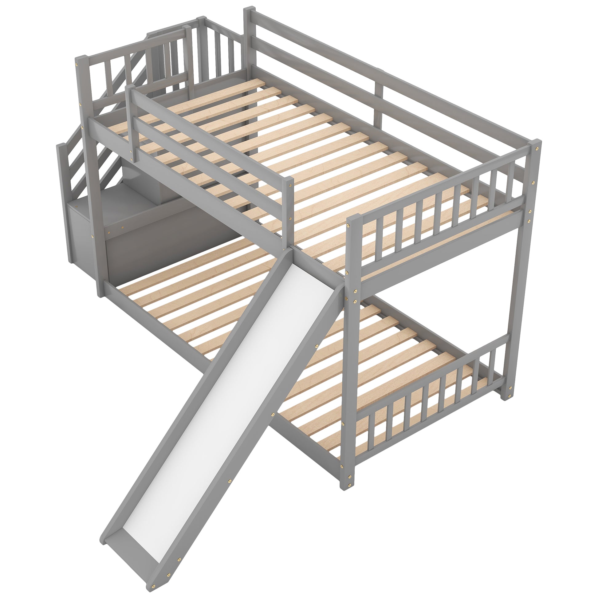 Gray wooden twin over twin bunk bed with integrated slide and stairs