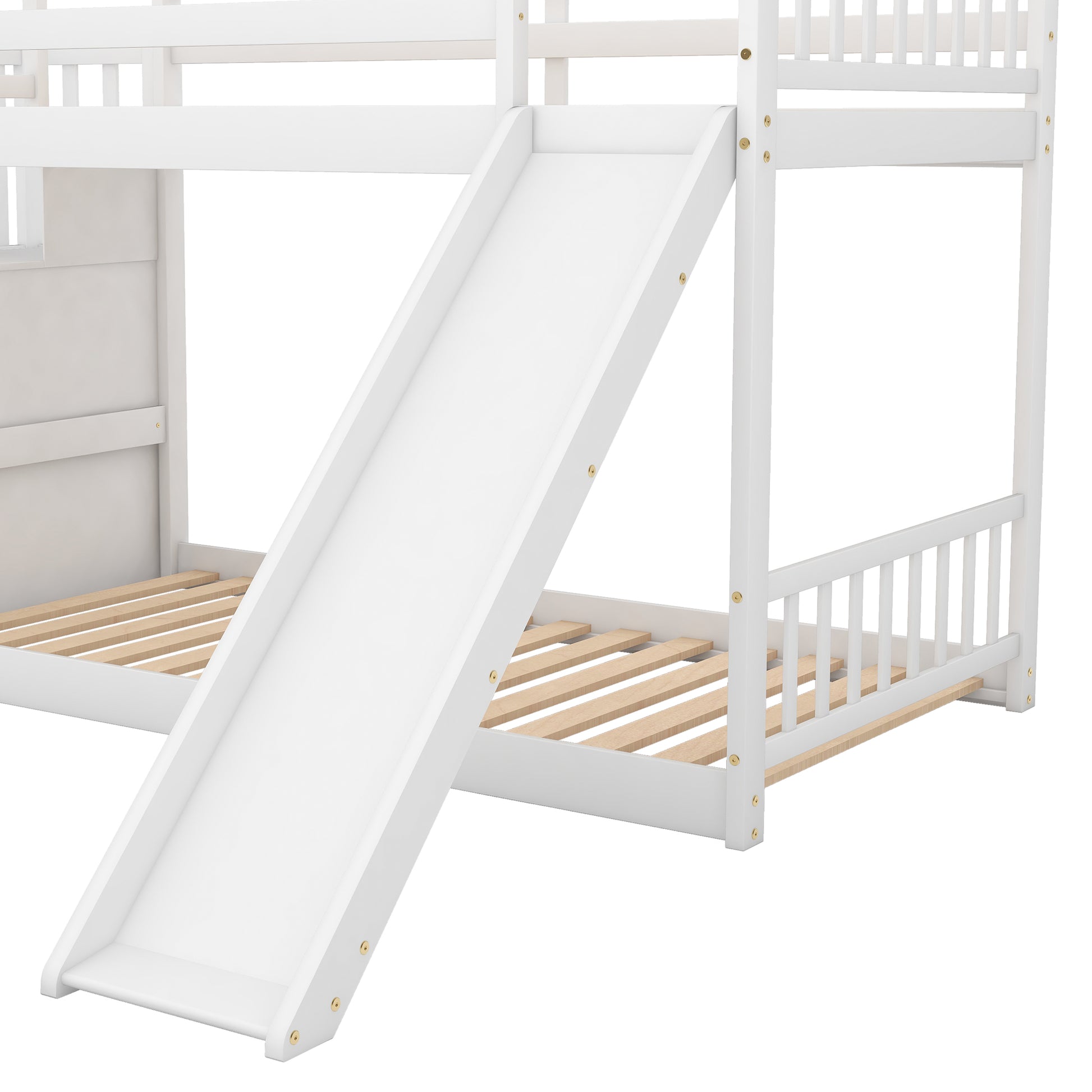 White wooden bunk bed with a white slide for childrens room