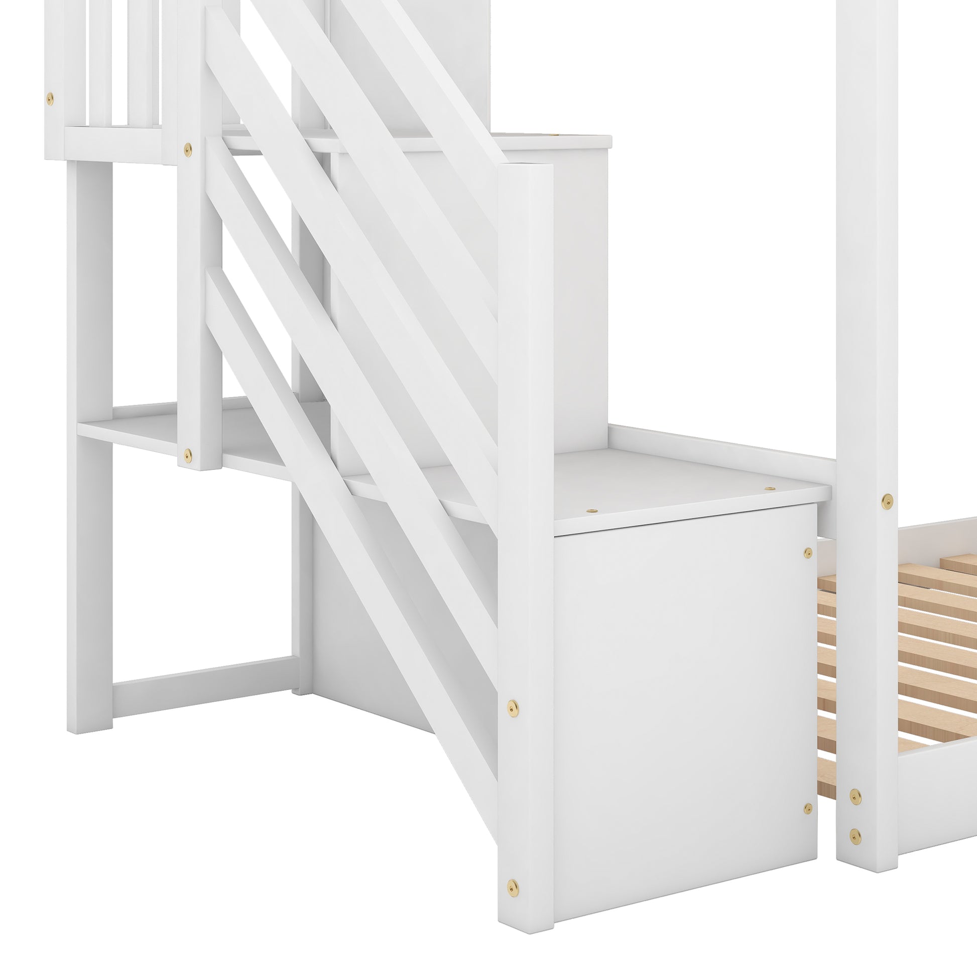 White wooden bunk bed stairs with storage