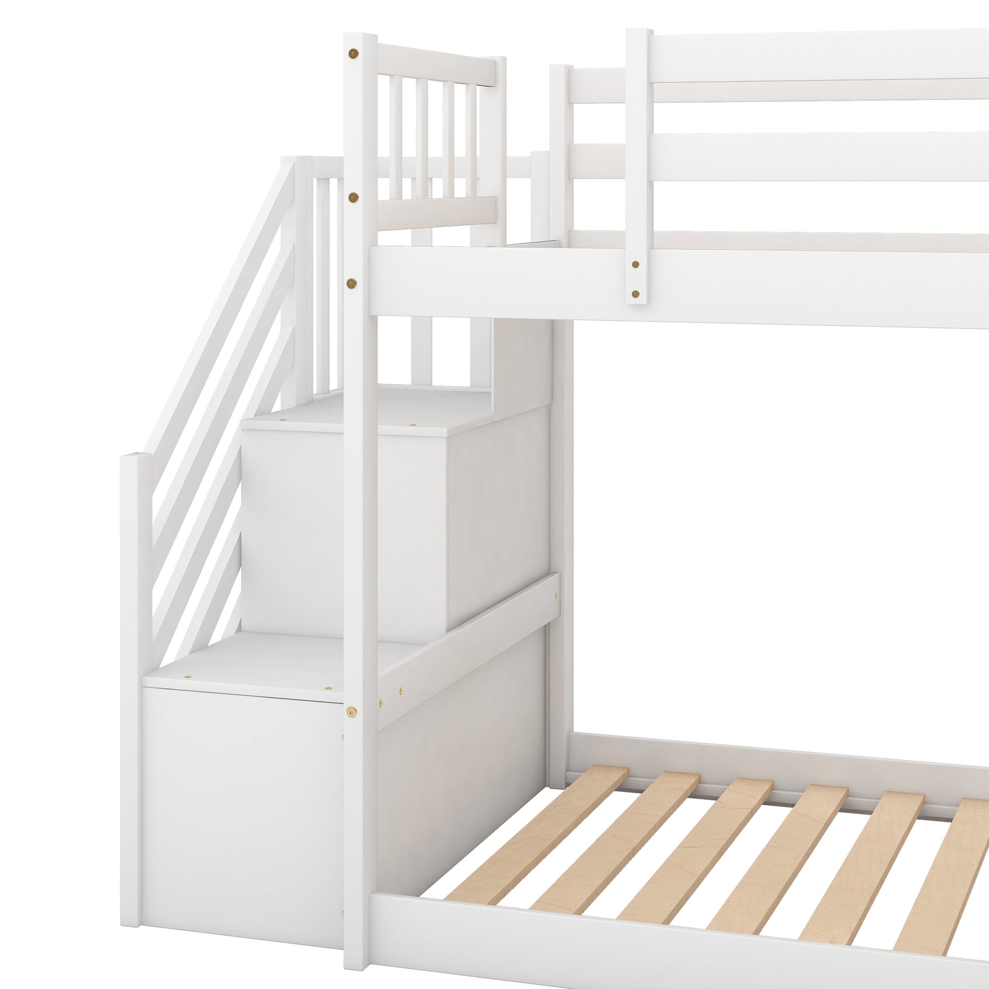 White wooden bunk bed with integrated storage stairs