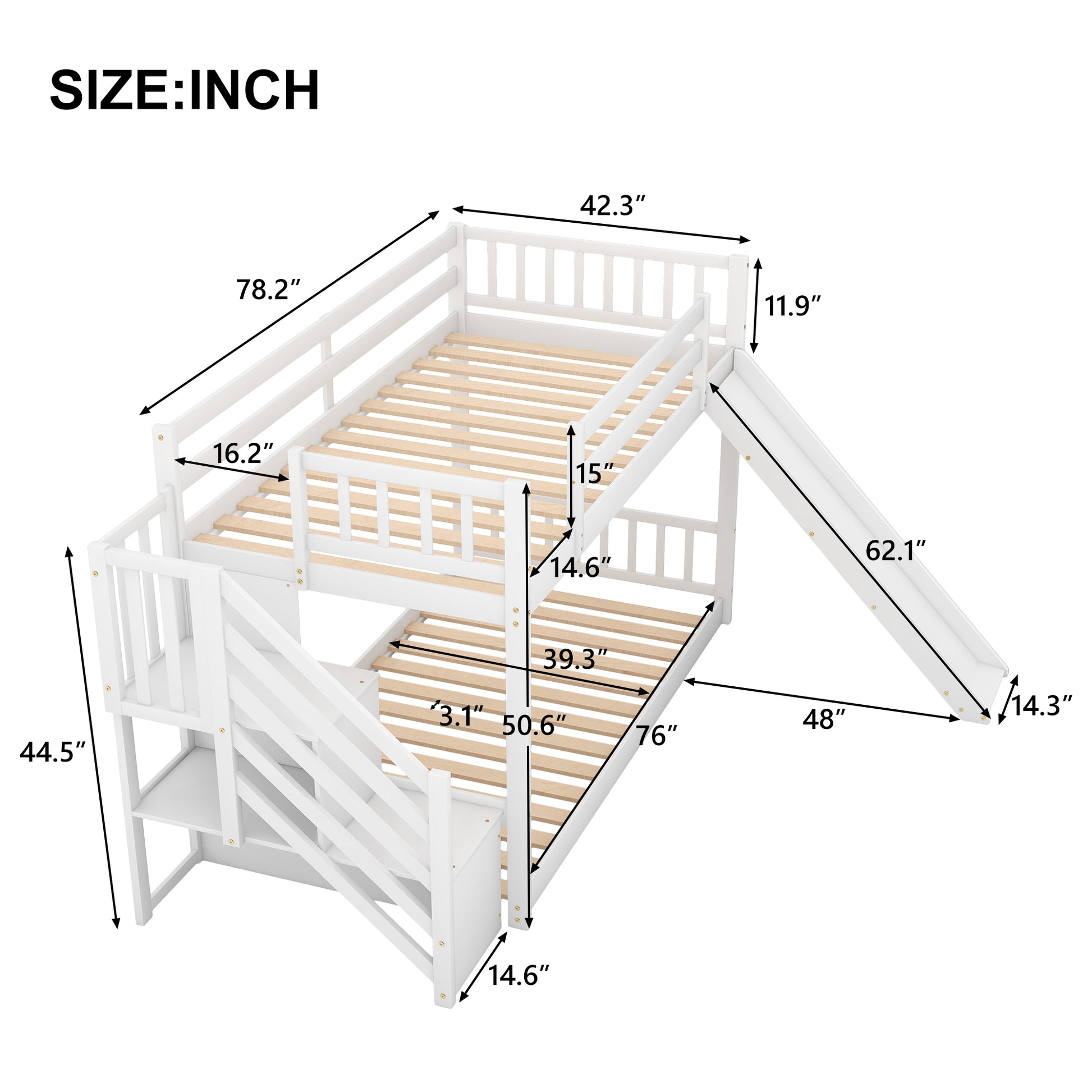 White wooden bunk bed with slide and stairs