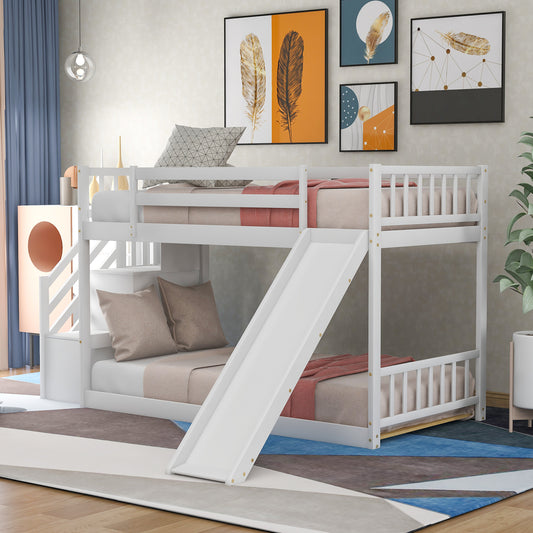White wooden twin over twin bunk bed with a slide