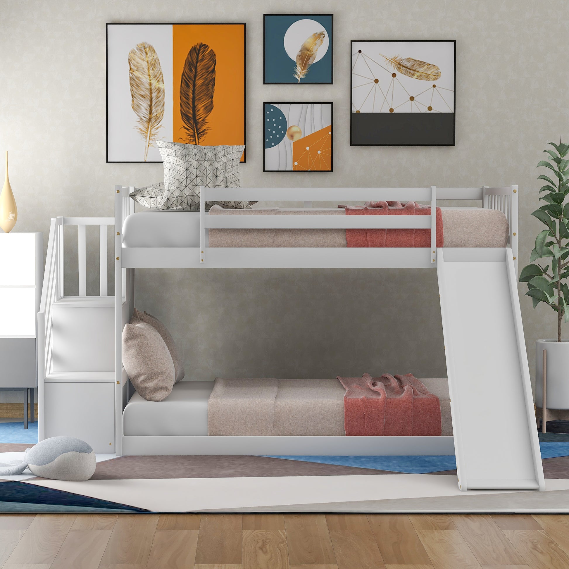 White twin over twin bunk bed with stairs and slide