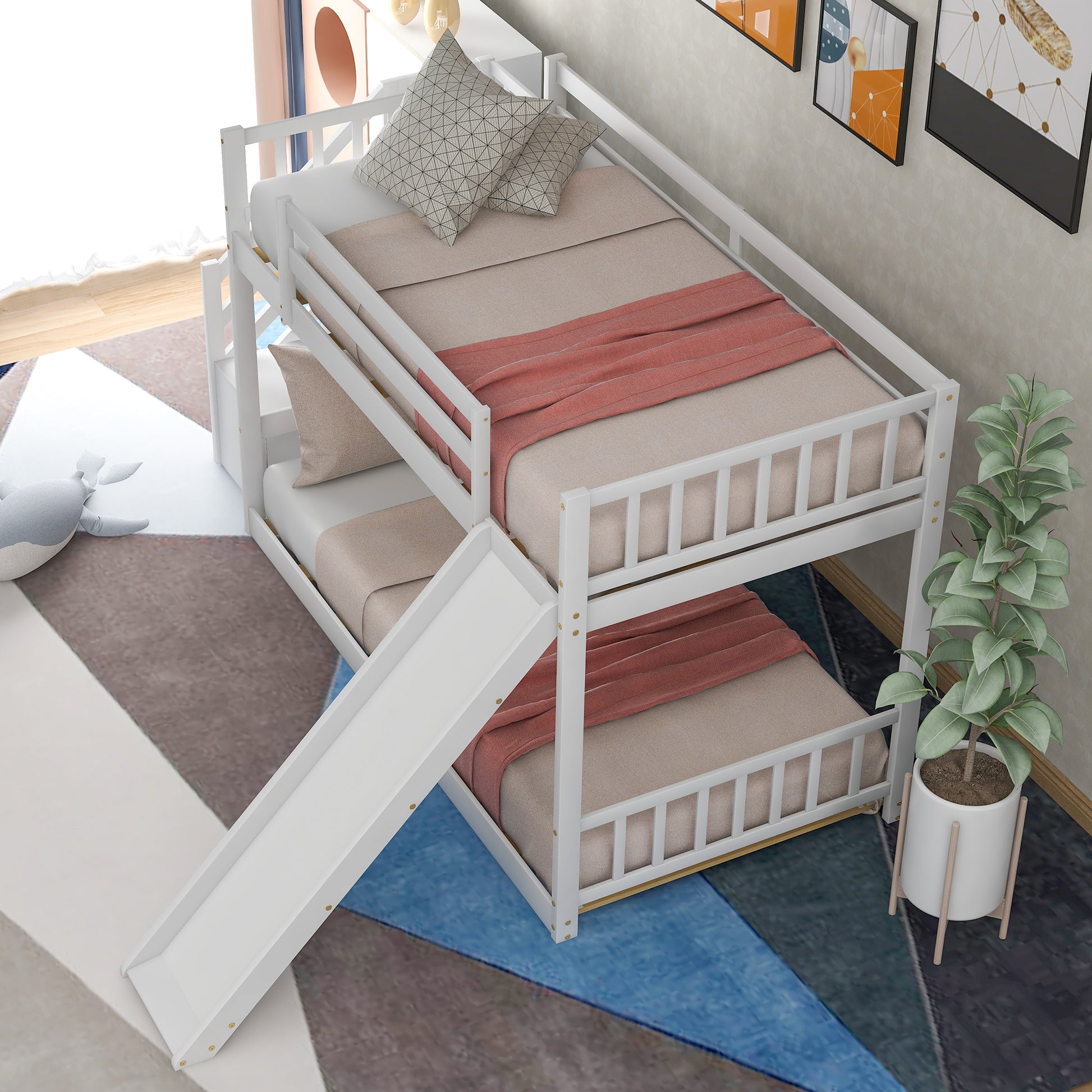 White wooden bunk bed with slide for kids