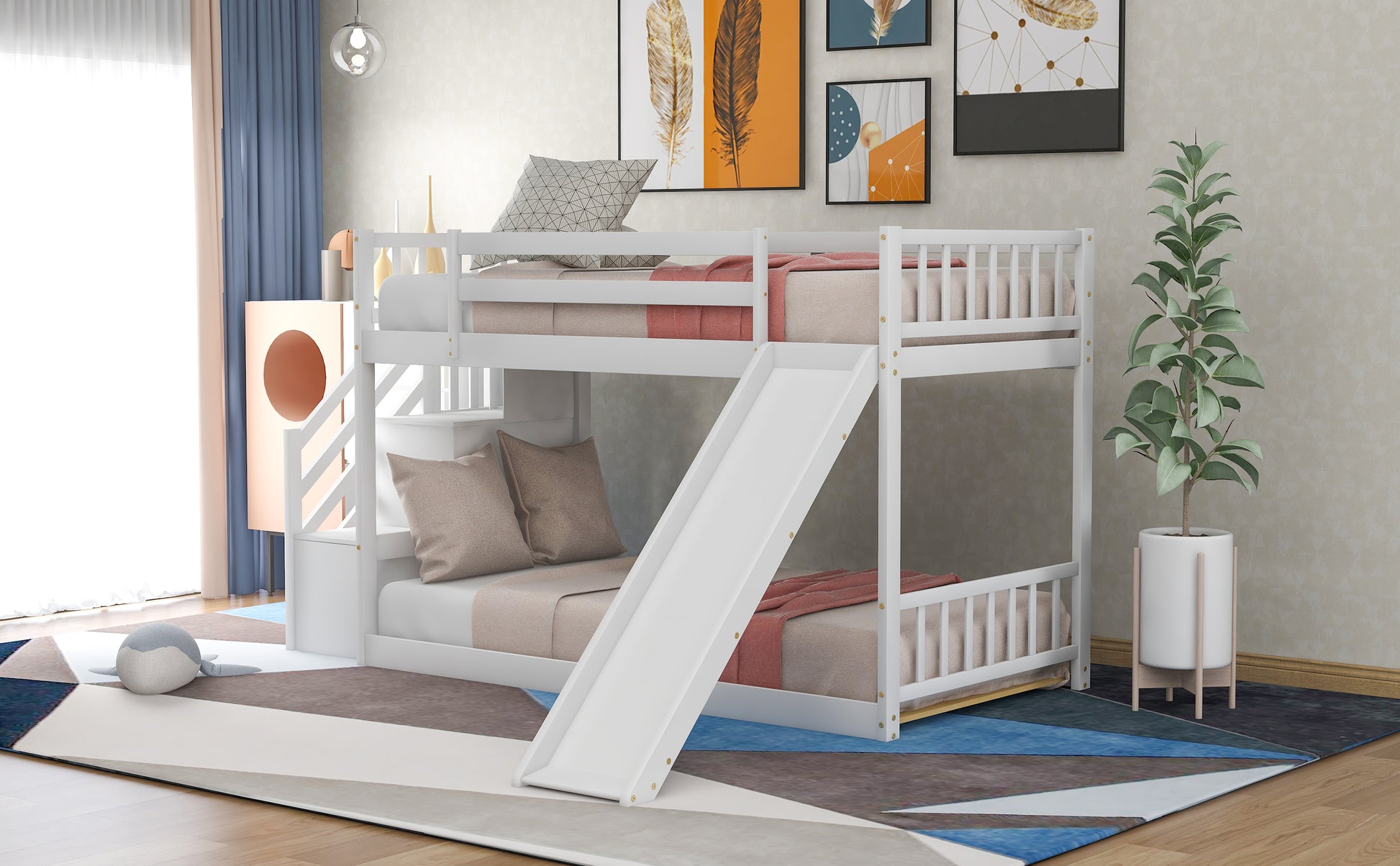 White wooden bunk bed with slide and stairs for kids