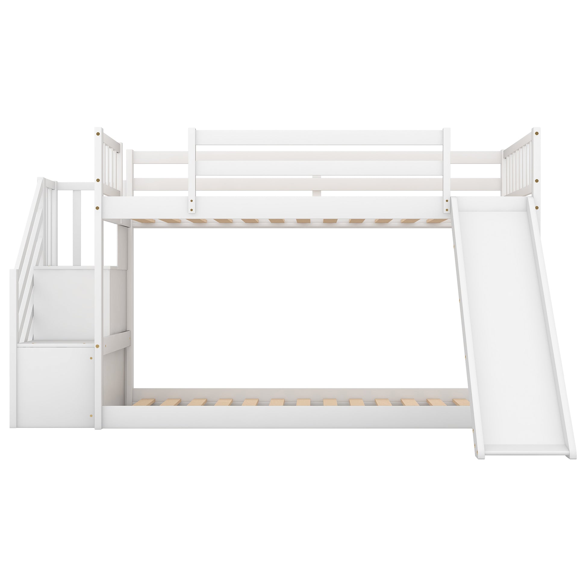 White wooden bunk bed with slide and stairs