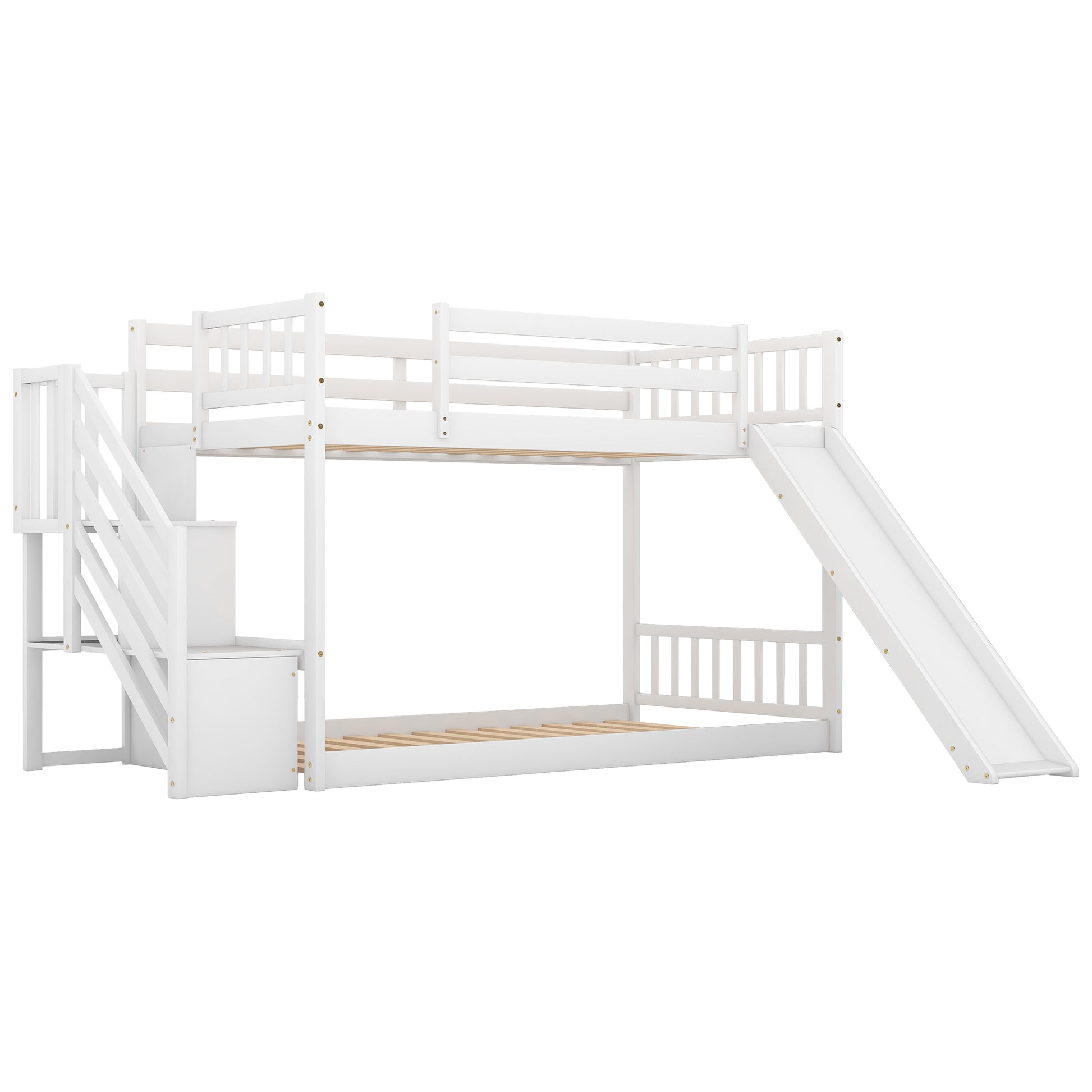 White wooden twin over twin bunk bed with stairs and slide