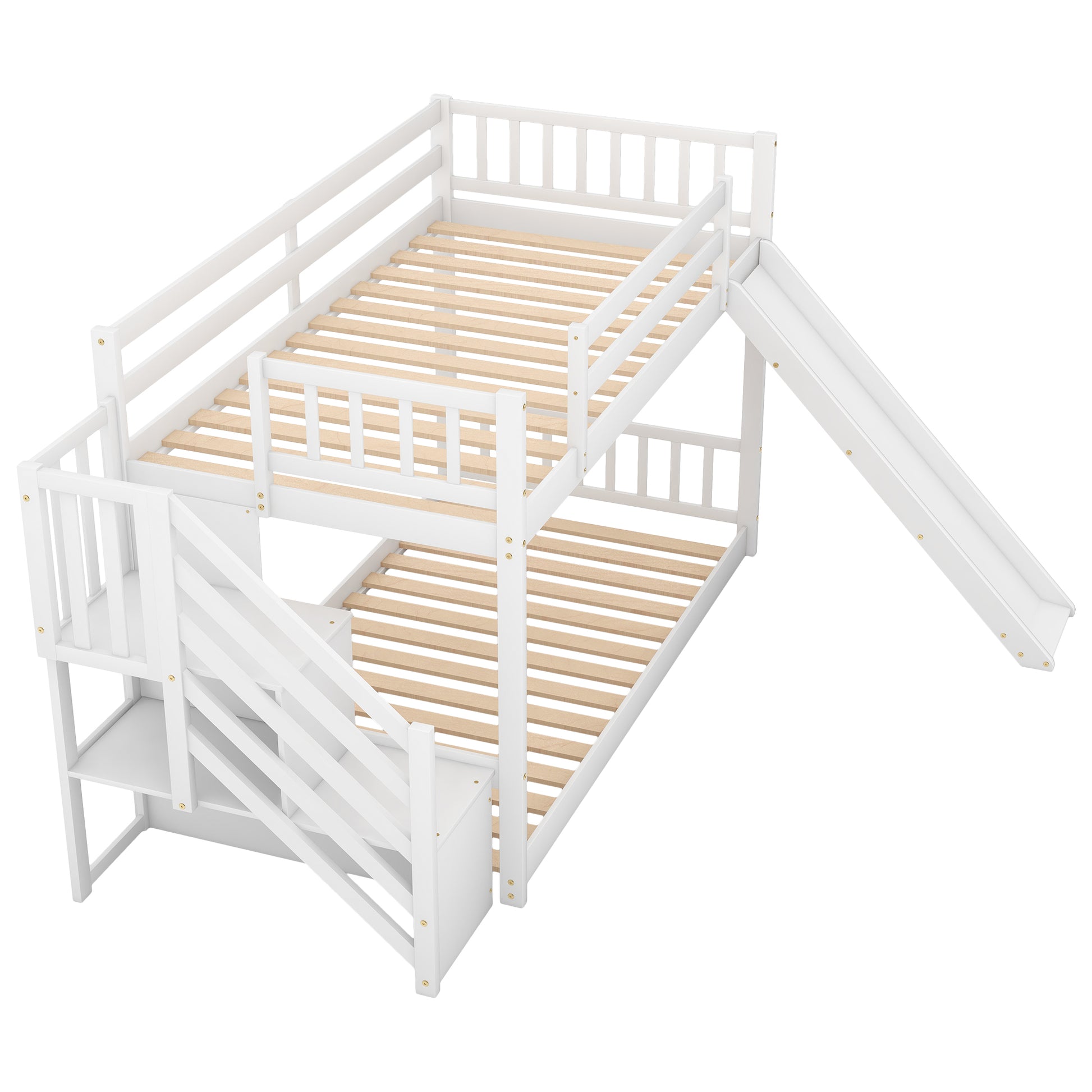 White wooden bunk bed with stairs and slide for kids