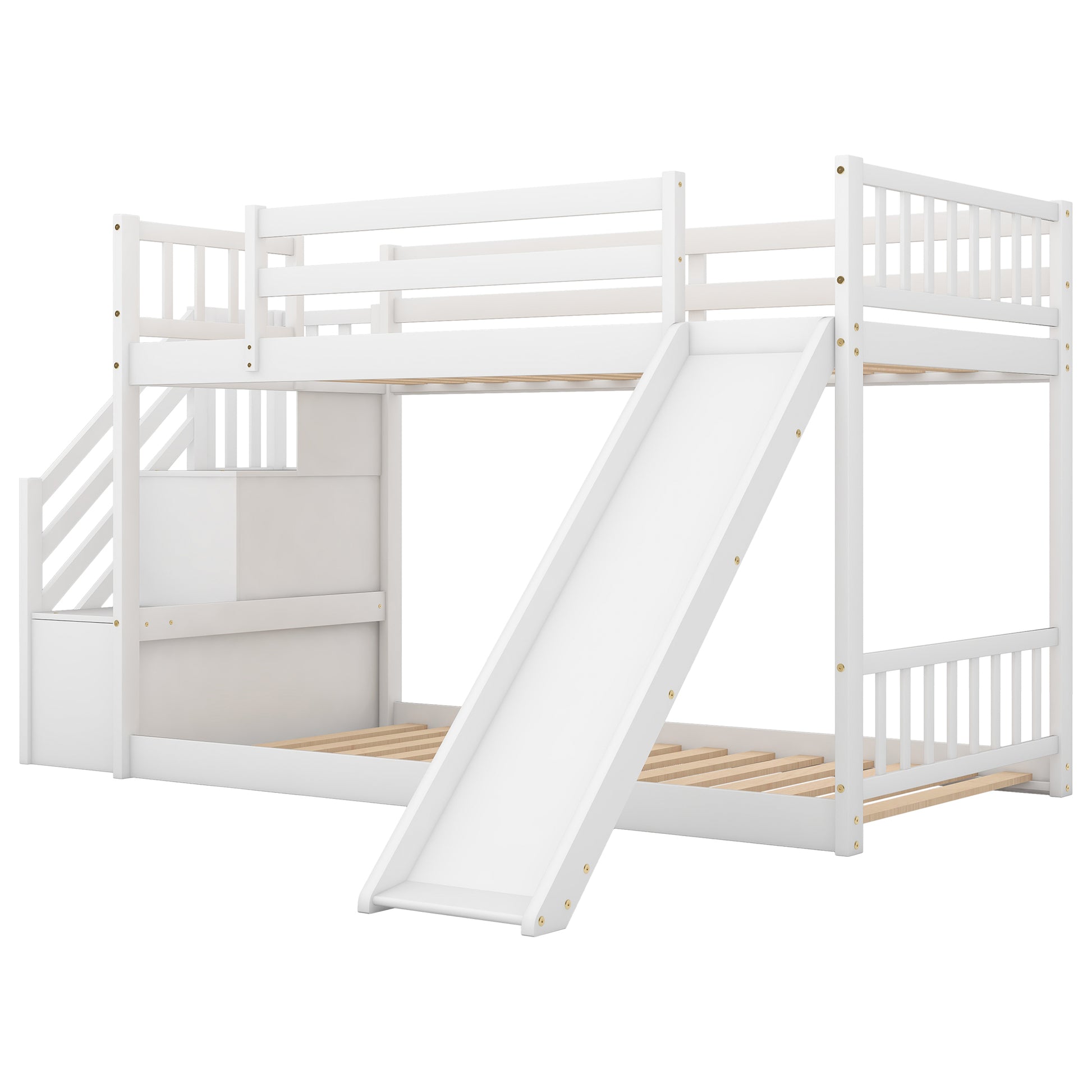 White wooden bunk bed with stairs and slide for kids