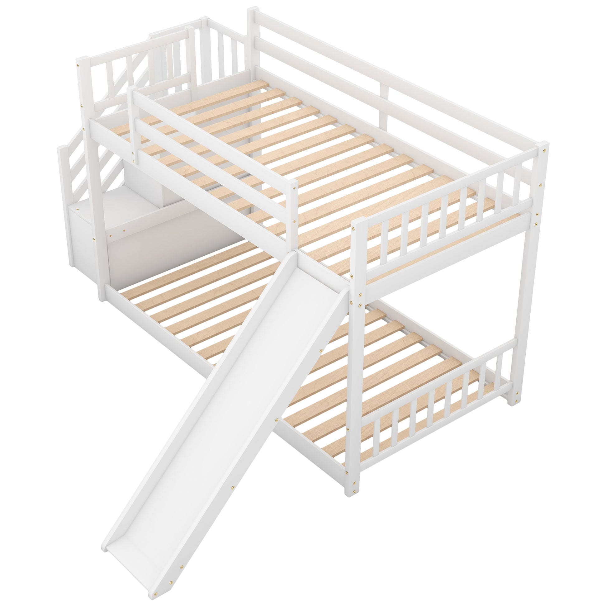White wooden twin over twin bunk bed with stairs and slide
