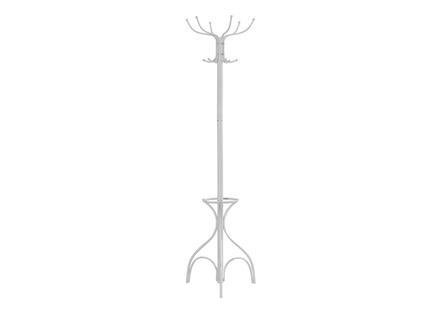 White metal coat rack with multiple hooks for jackets and hats