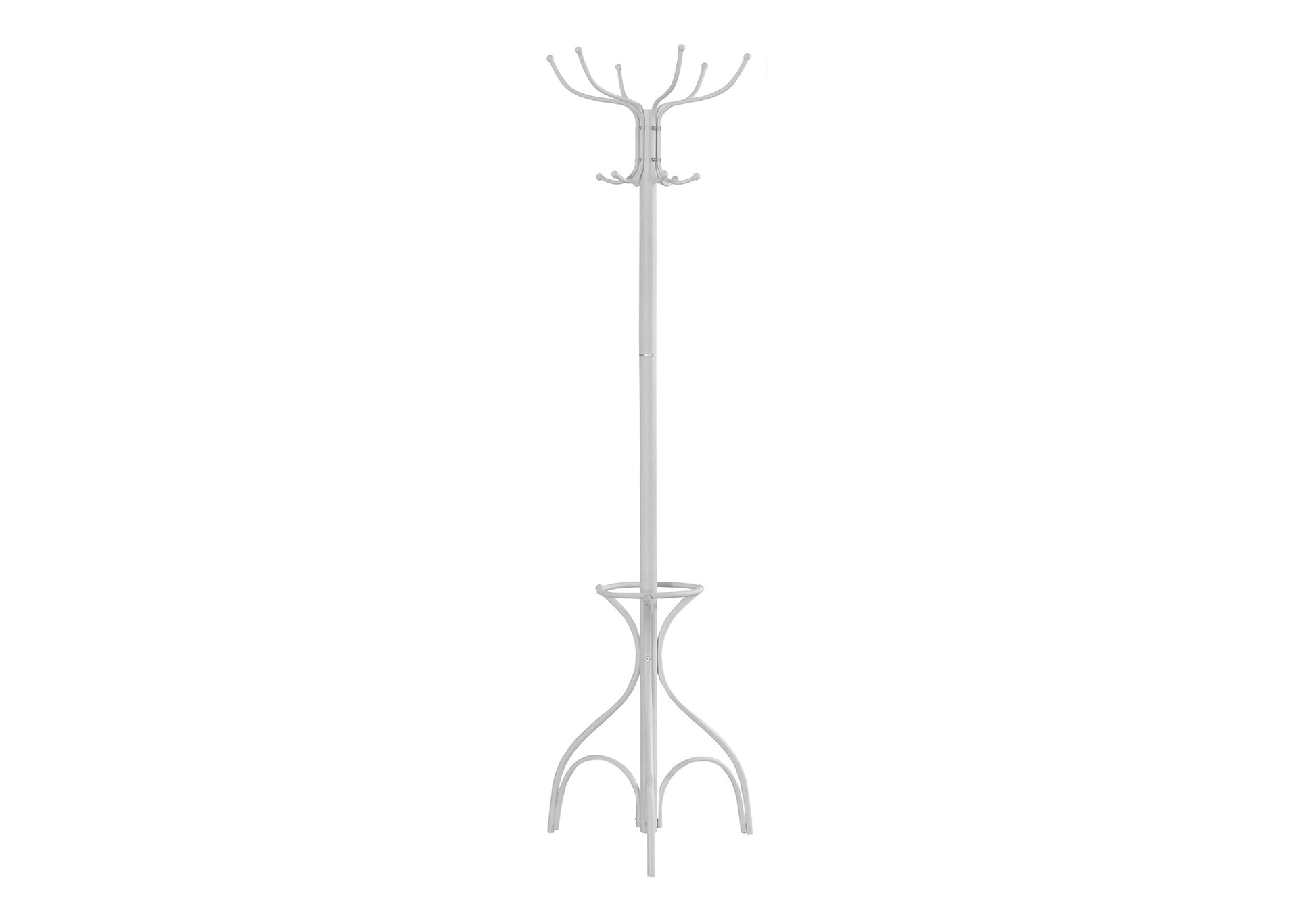 White metal coat rack with multiple hooks for jackets and hats