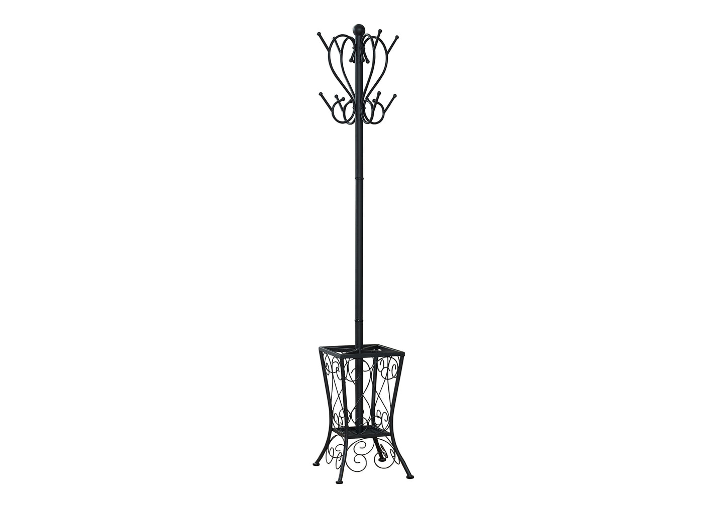 Black metal coat rack with ornate base and  hooks