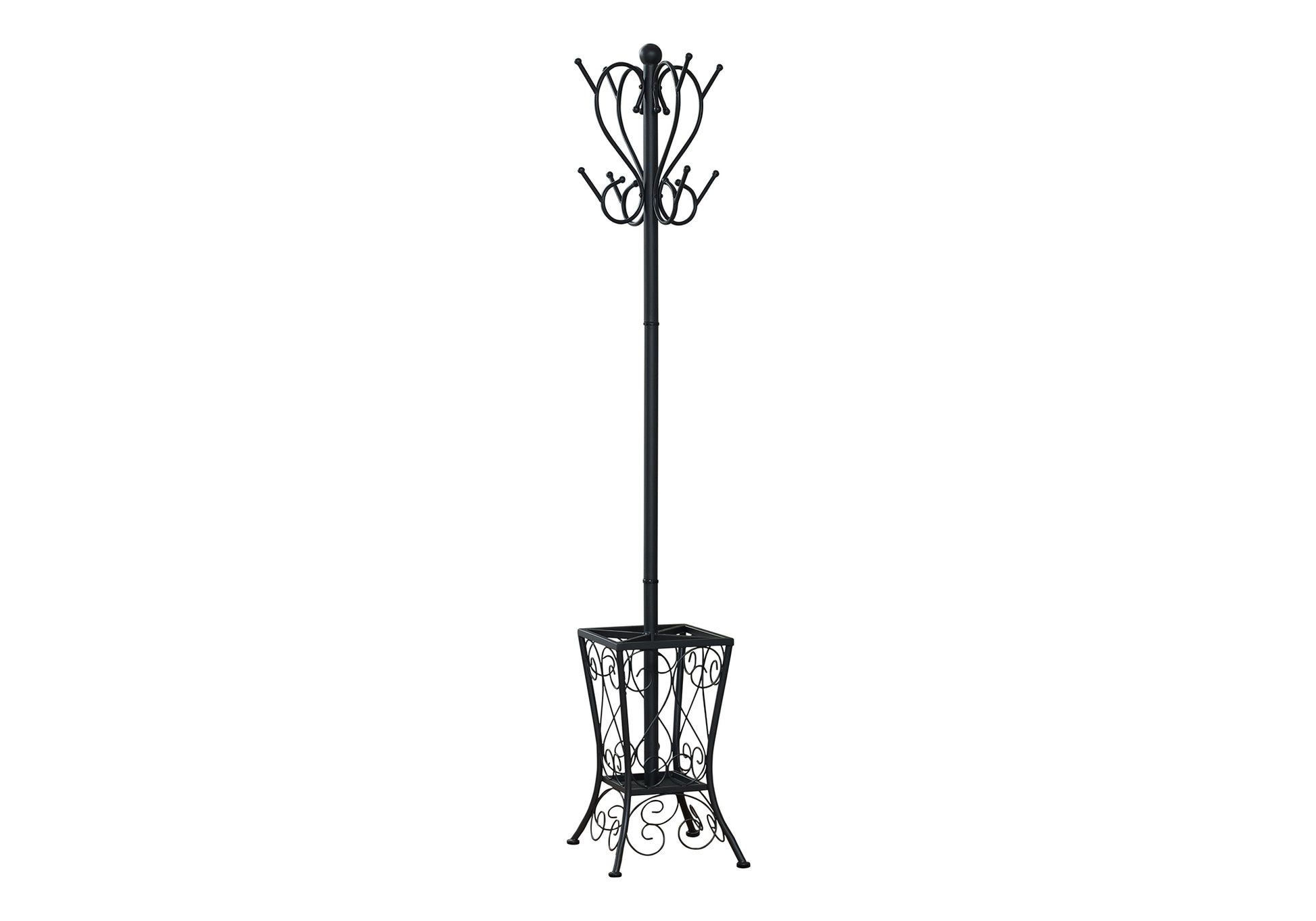 Black metal coat rack with ornate base and  hooks