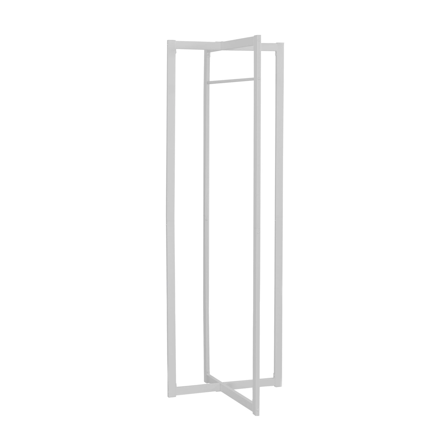 Minimalist white metal garment rack with a crossbase