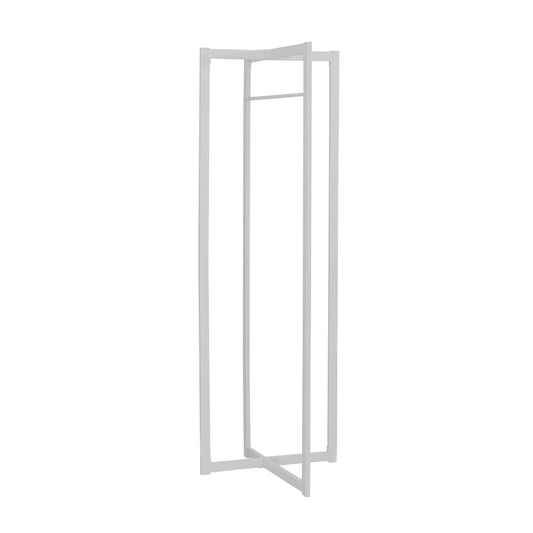 Minimalist white metal garment rack with a crossbase