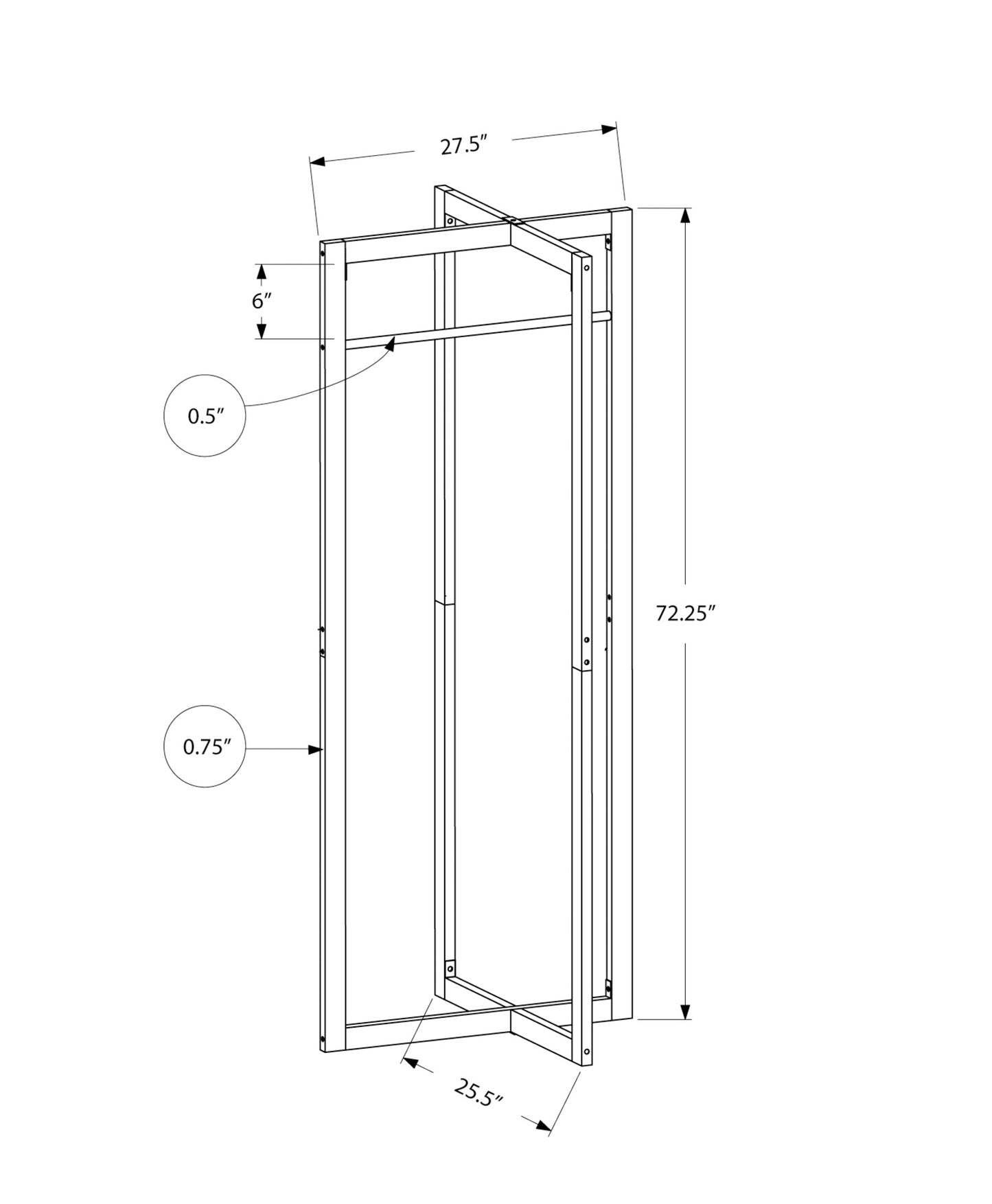 Line drawing of a modern metal garment rack with dimensions