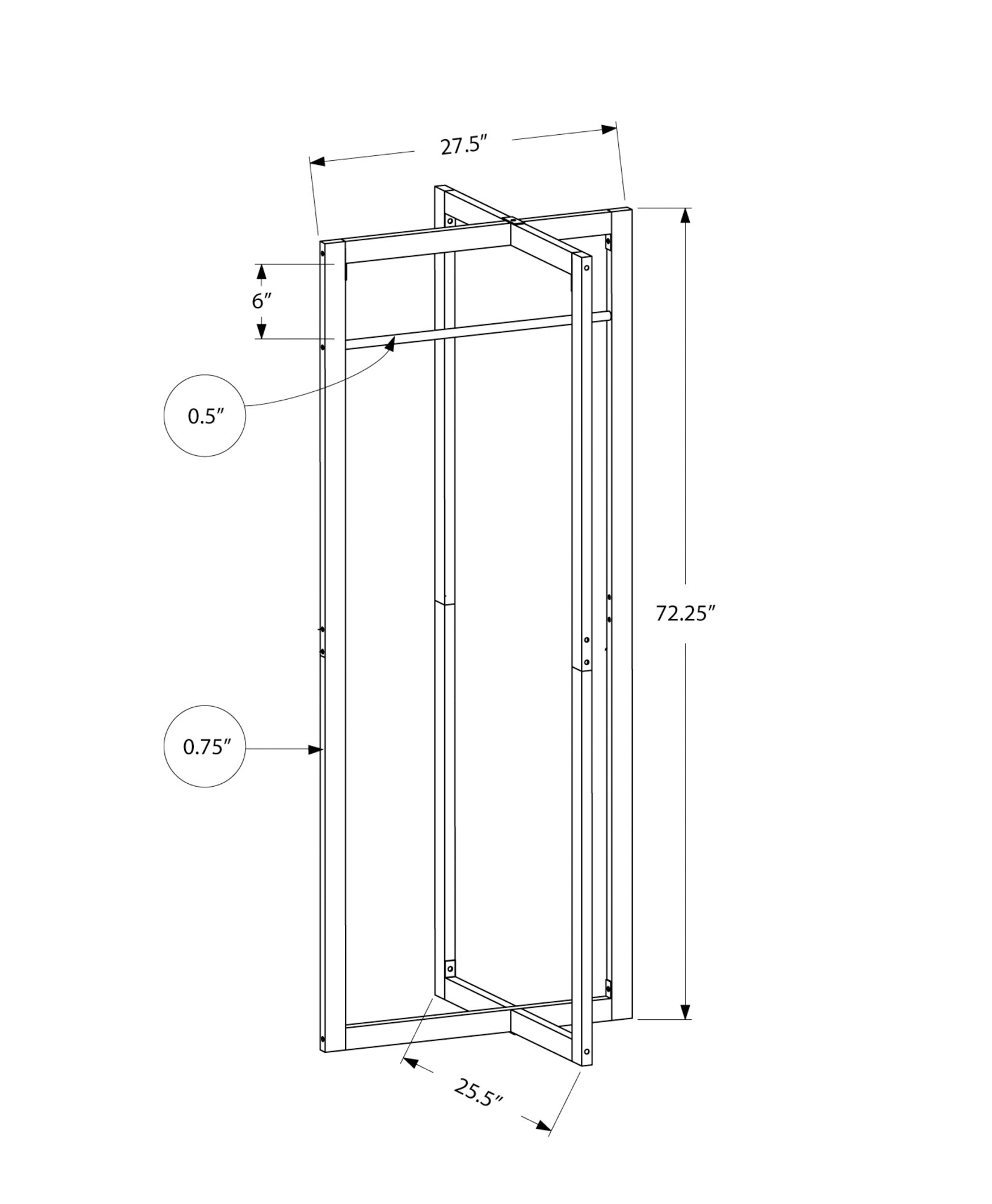 Line drawing of a modern metal garment rack with dimensions