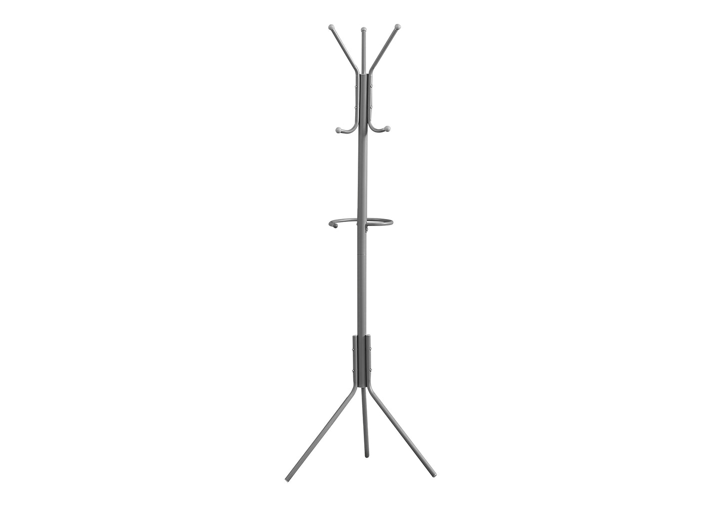 Gray metal coat rack with  hooks and an umbrella stand