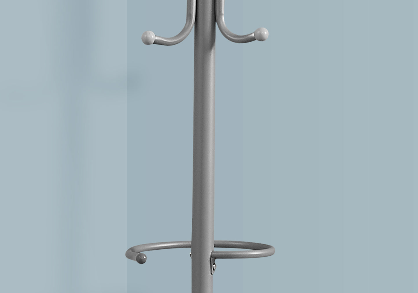 Modern grey metal hall tree with curved hooks for coats and hats