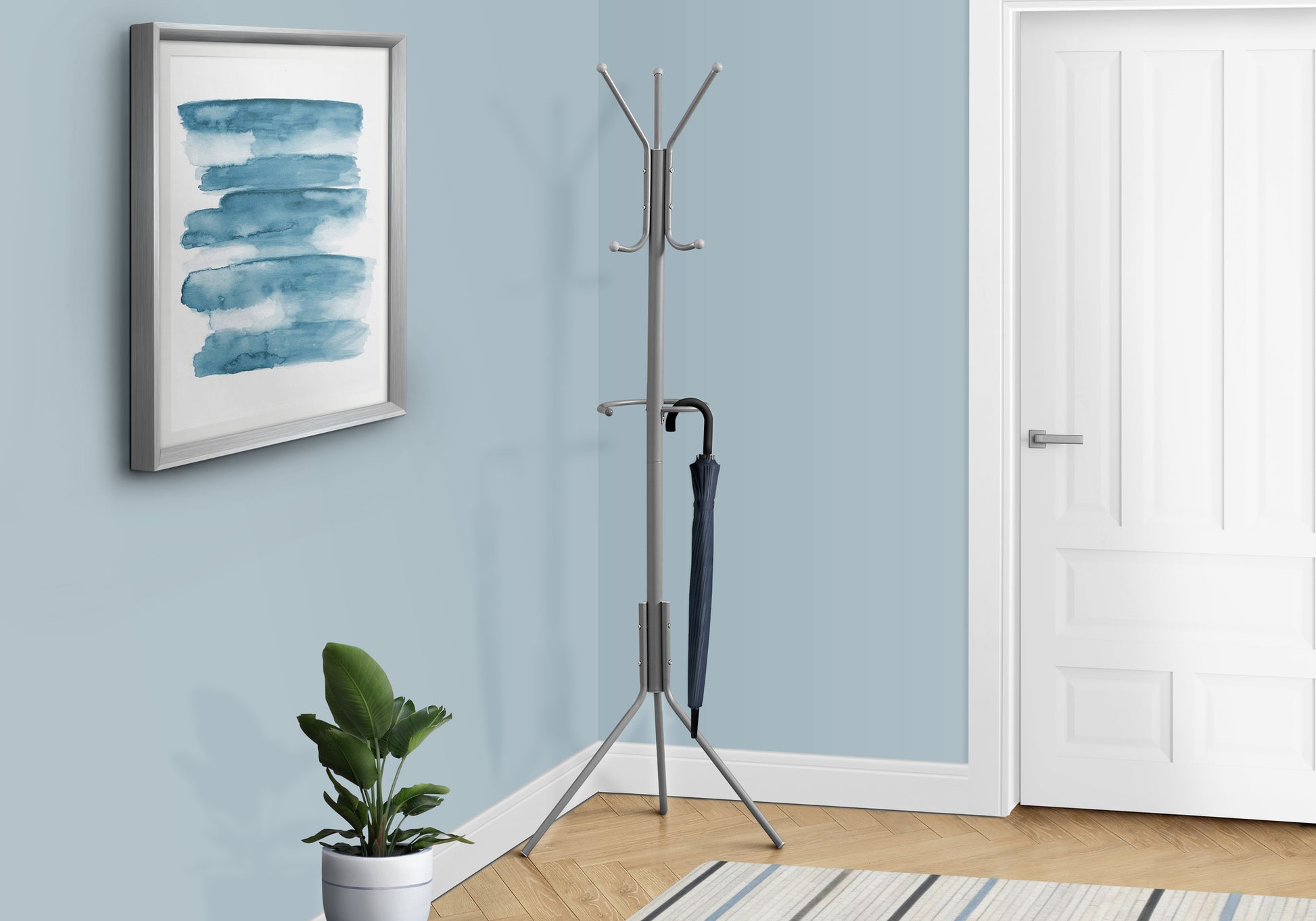 Silver metal coat rack with umbrella holder
