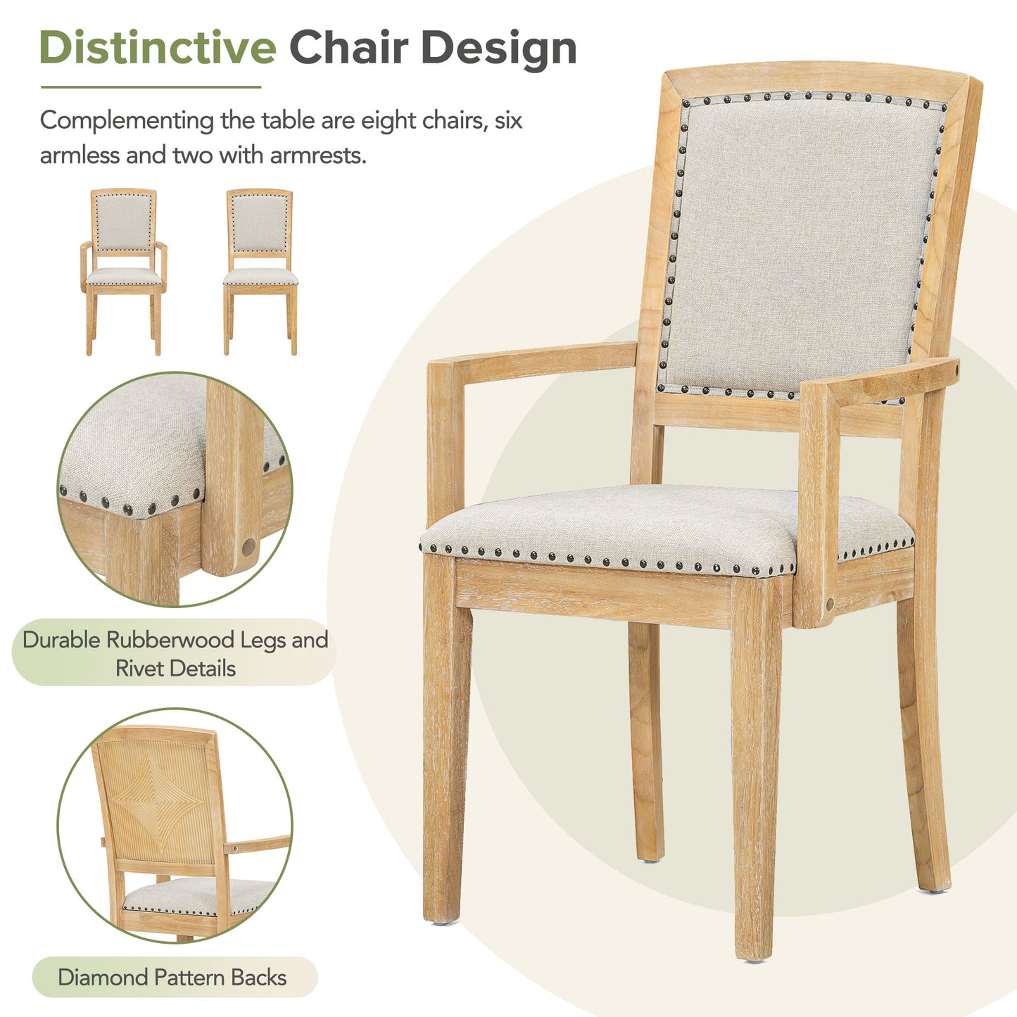 Upholstered dining chair with light beige fabric and nailhead trim