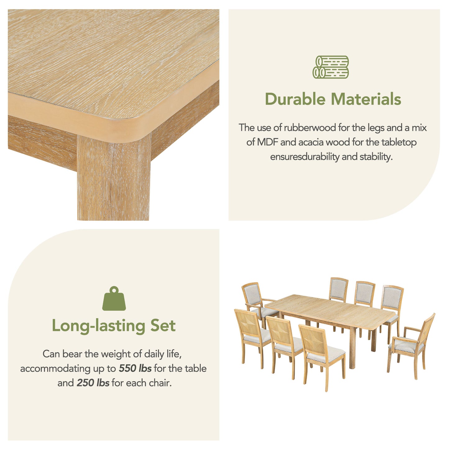 Light oak wood dining table with a natural grain finish
