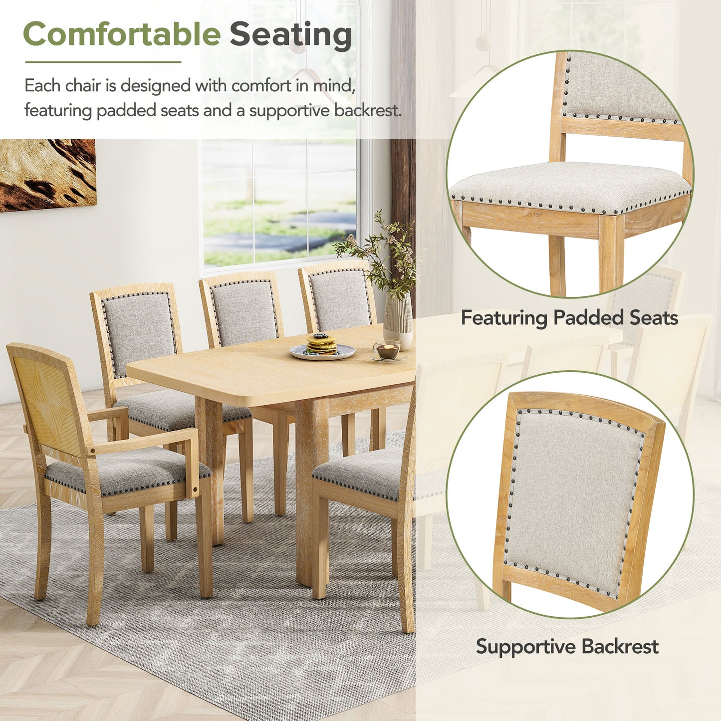 Light wood dining chairs with padded grey linen seats and nailhead trim