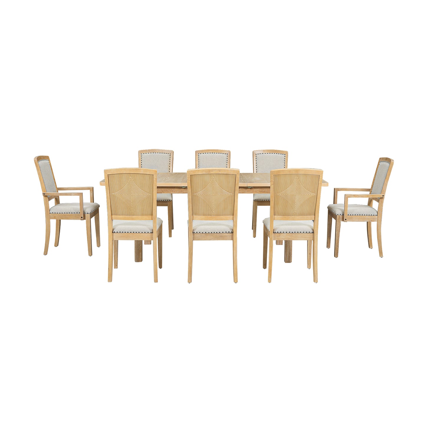 Light wood dining set with upholstered chairs and detailed chair backs