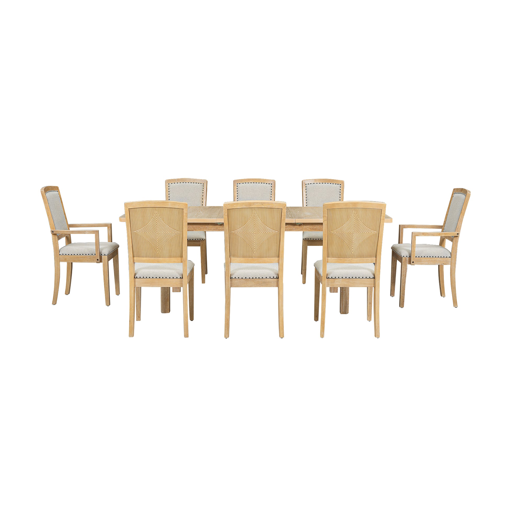 Light wood dining set with upholstered chairs and detailed chair backs