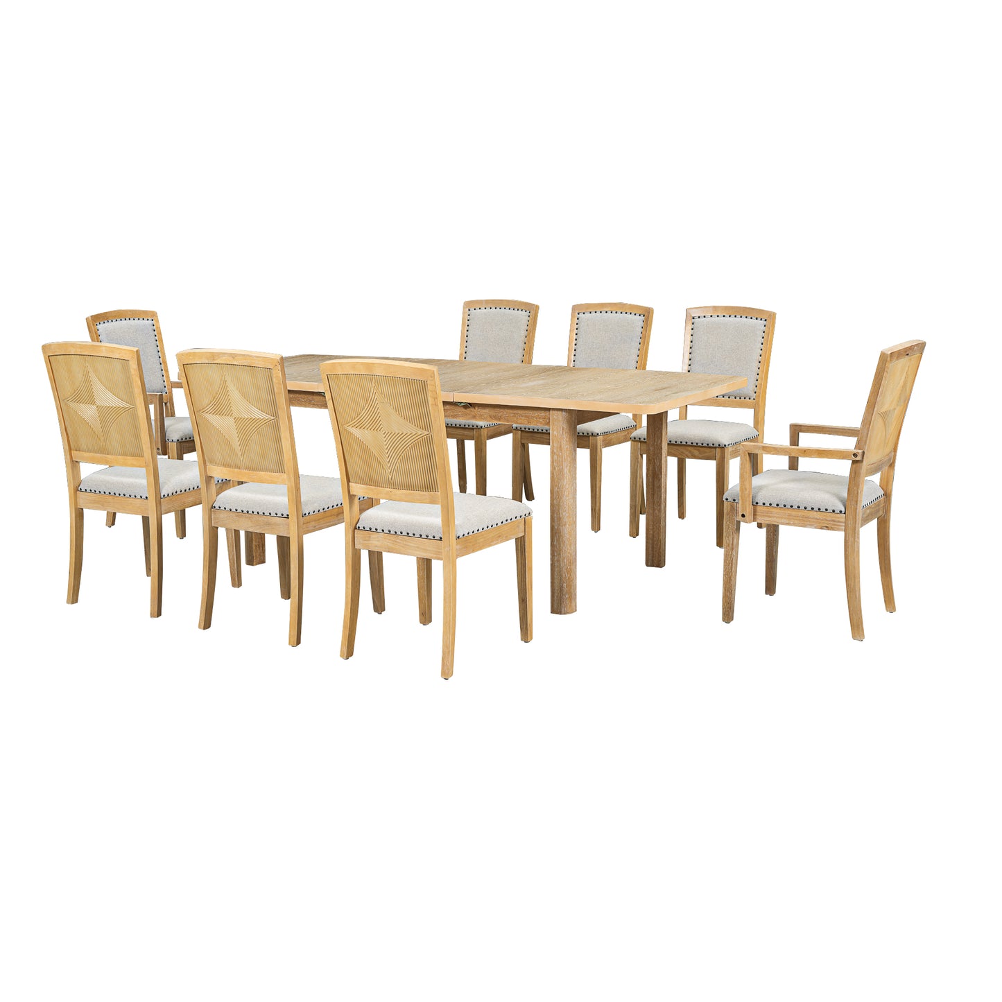Light oak dining set with  chairs and intricately carved backs