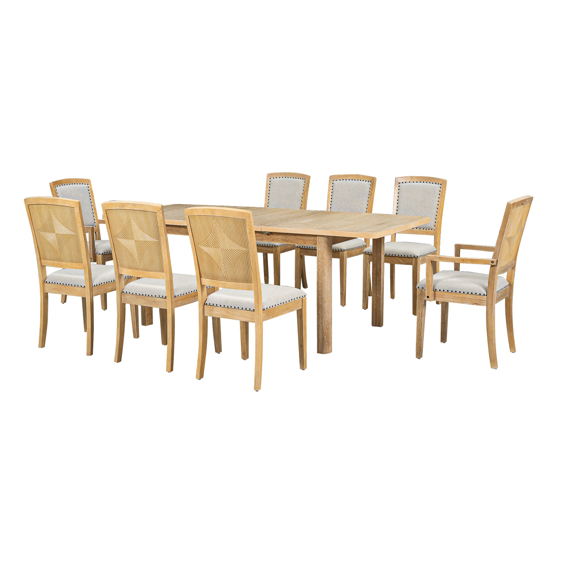 Light oak dining set with  chairs and intricately carved backs