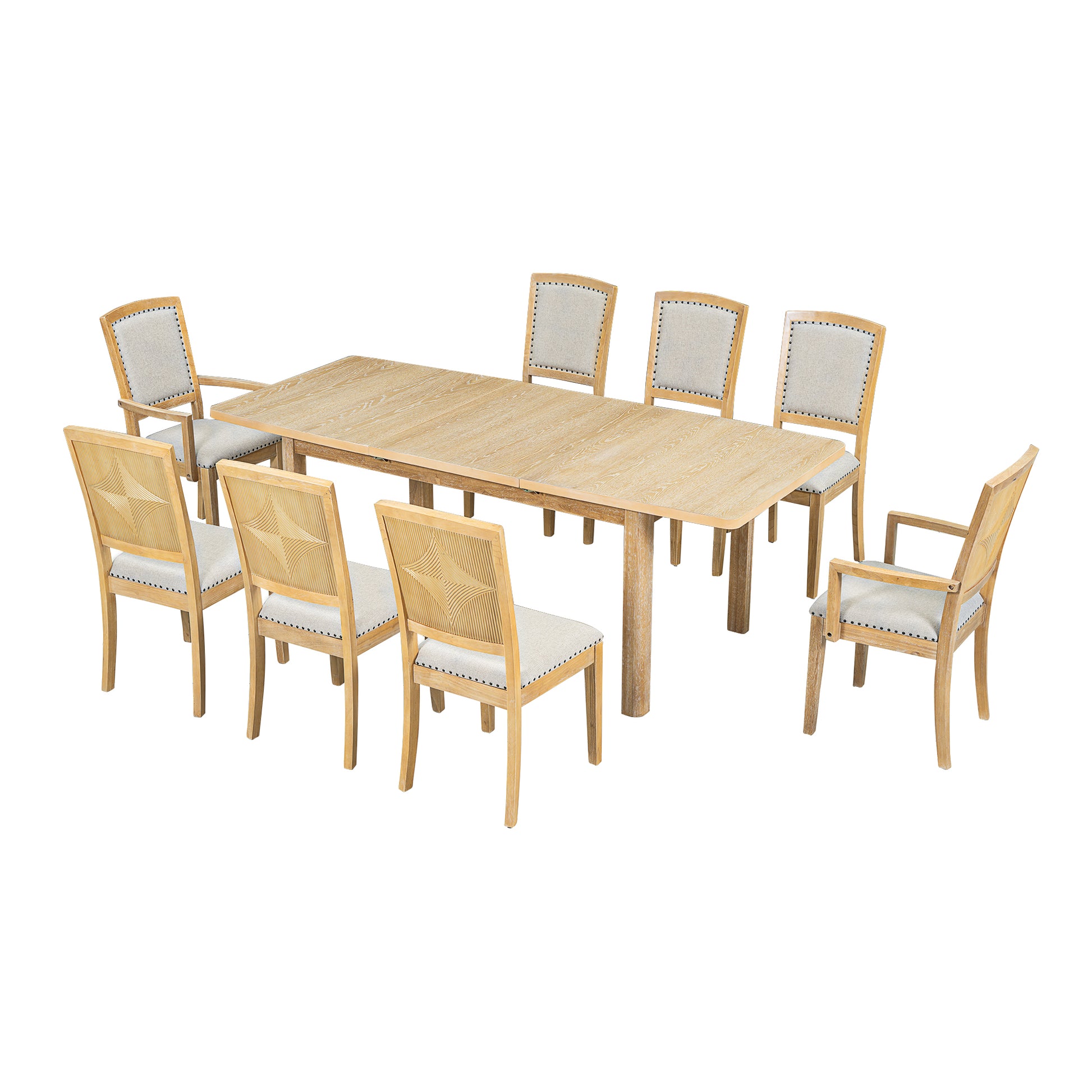 Light wood dining table with woven back chairs