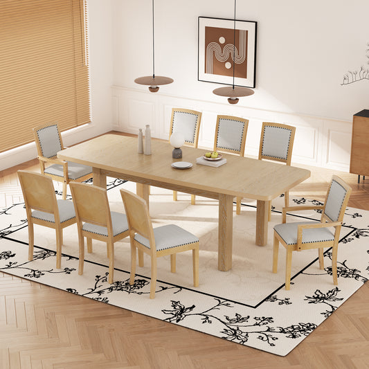 Light wood dining table set with upholstered chairs