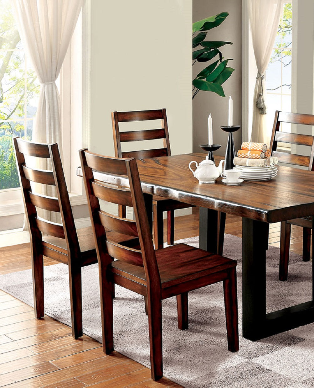 Rustic wood dining chairs with ladder back design