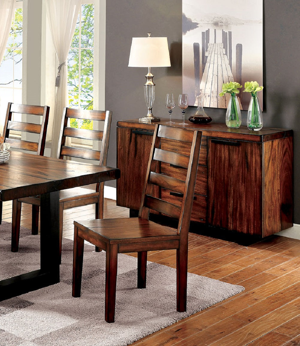 Wooden dining chair with slatted back and dark oak finish