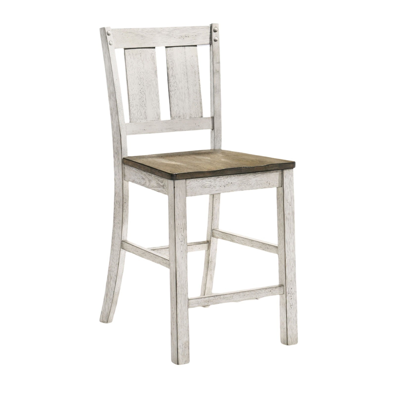 Whitewashed wood bar stool with a distressed finish and natural wood seat