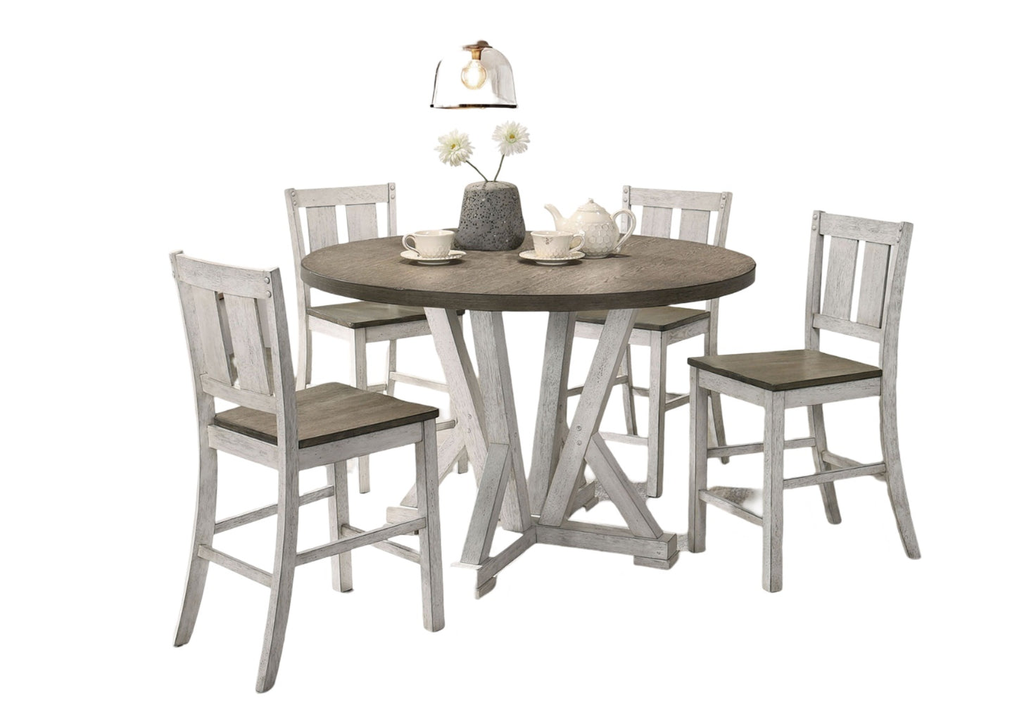 Round distressed wood pub table with four matching counter height stools