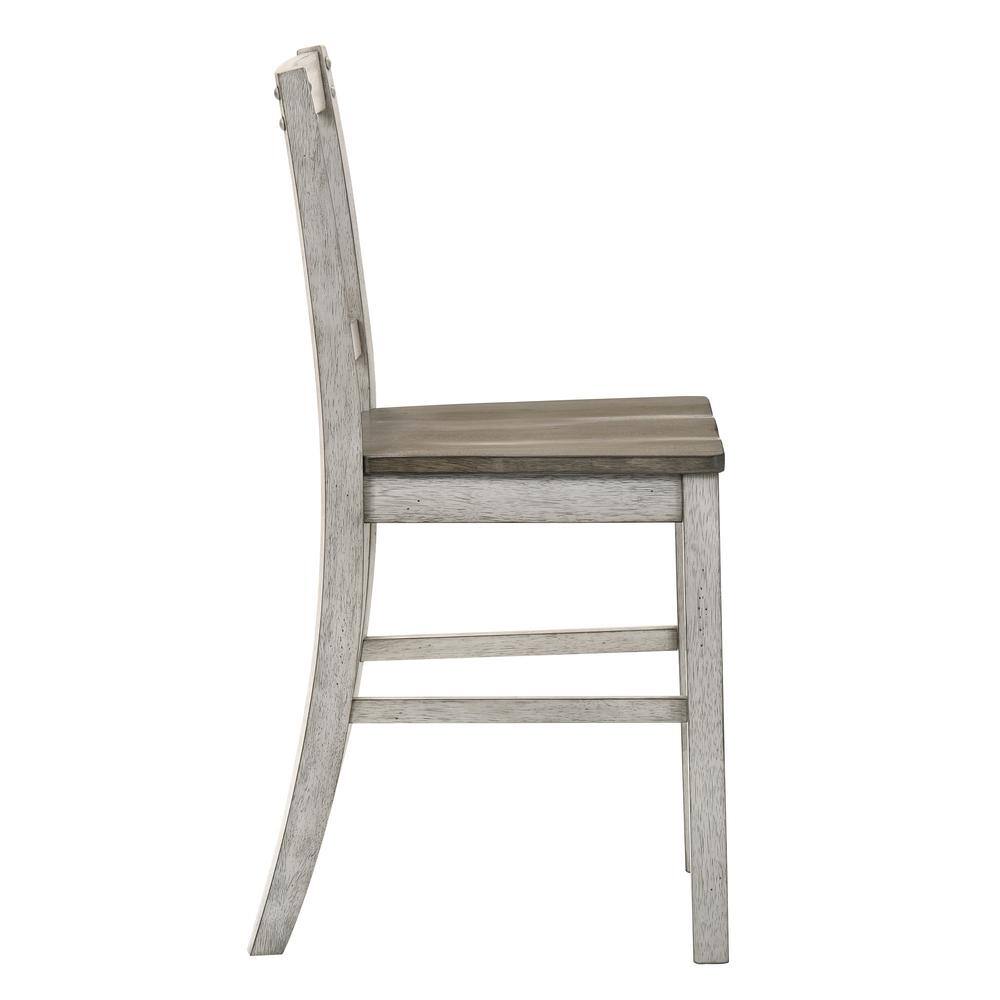 Distressed white wooden dining chair with a gray wood seat